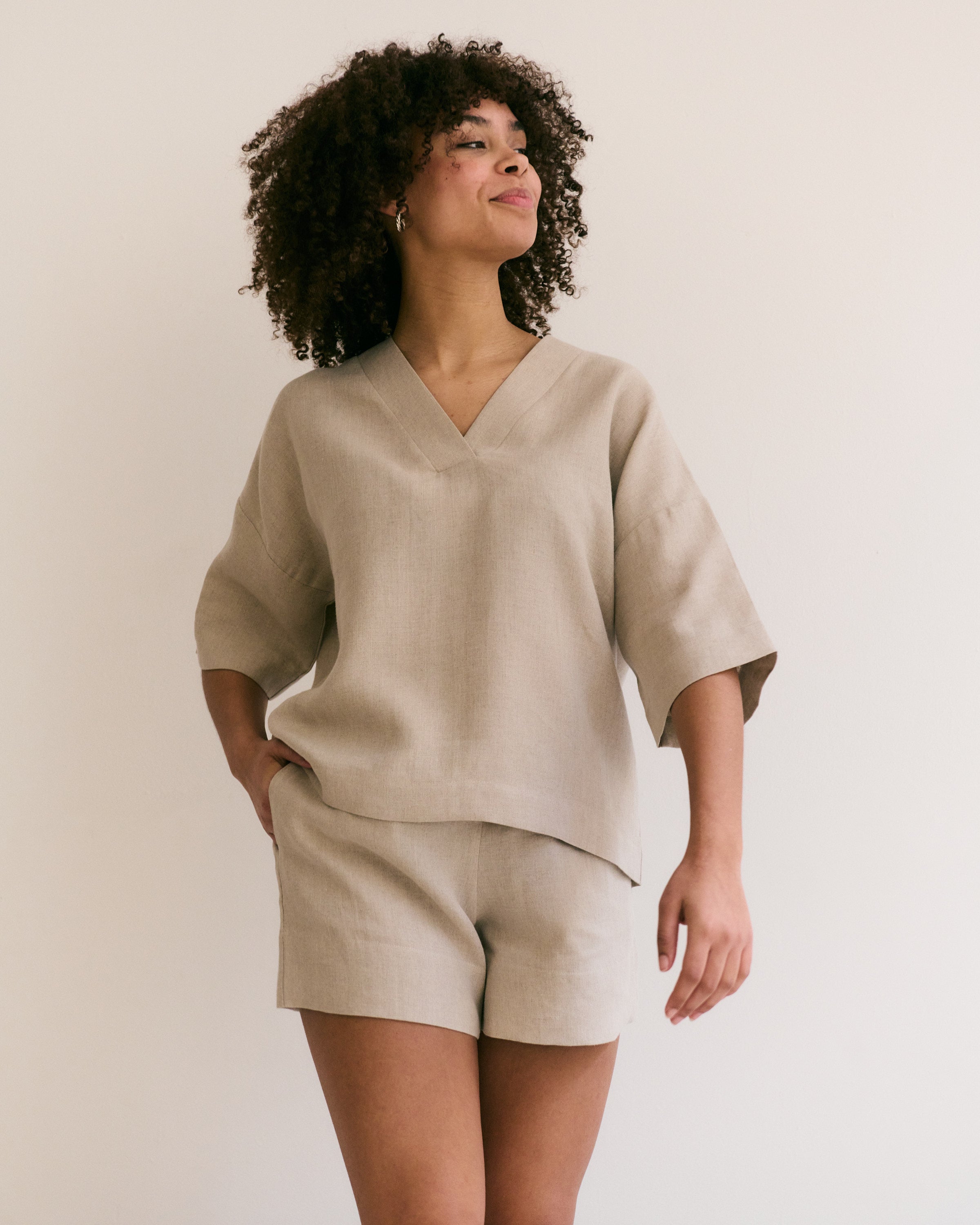 Comfortable natural Belgian linen top and shorts.