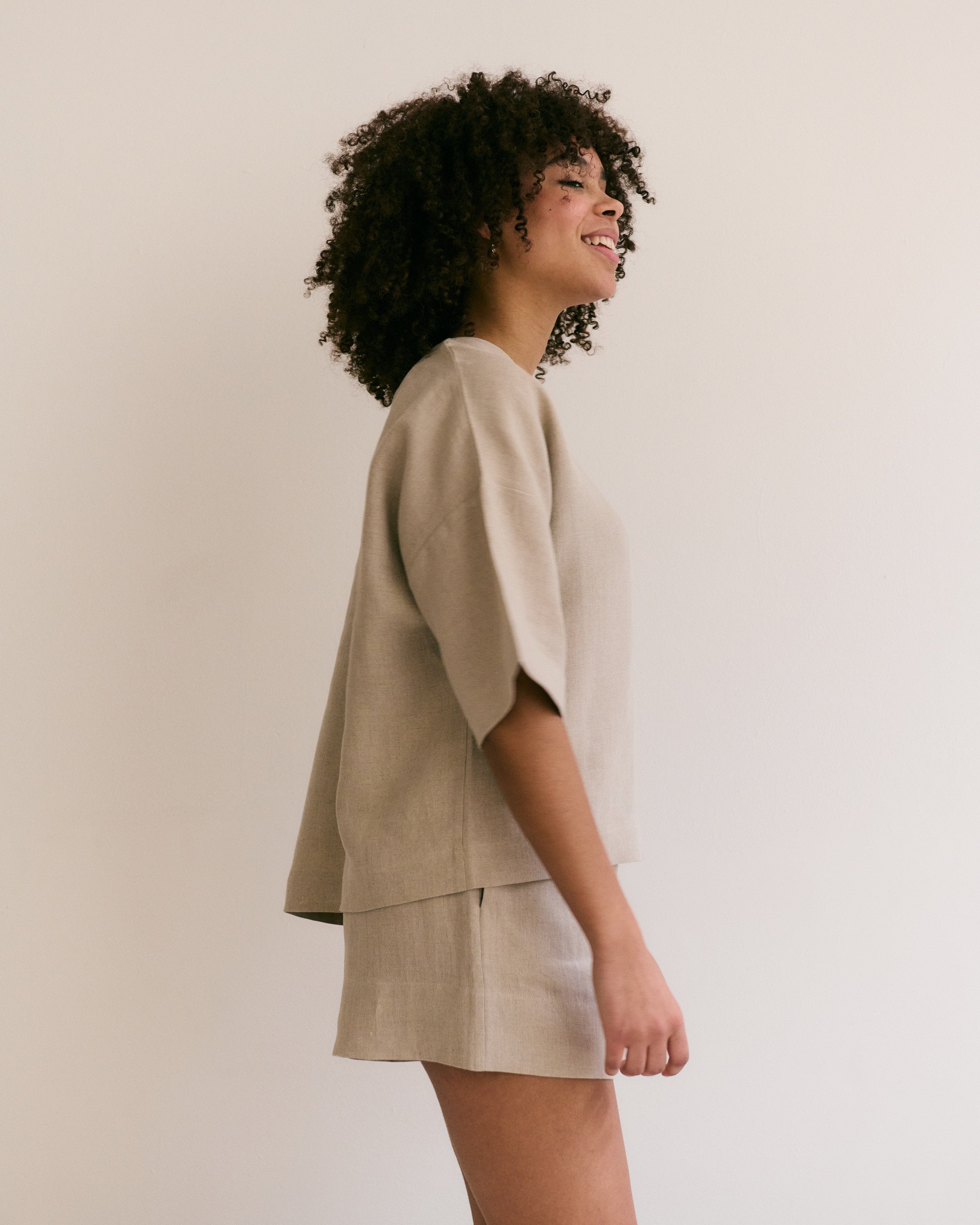 Comfortable natural Belgian linen top and shorts.