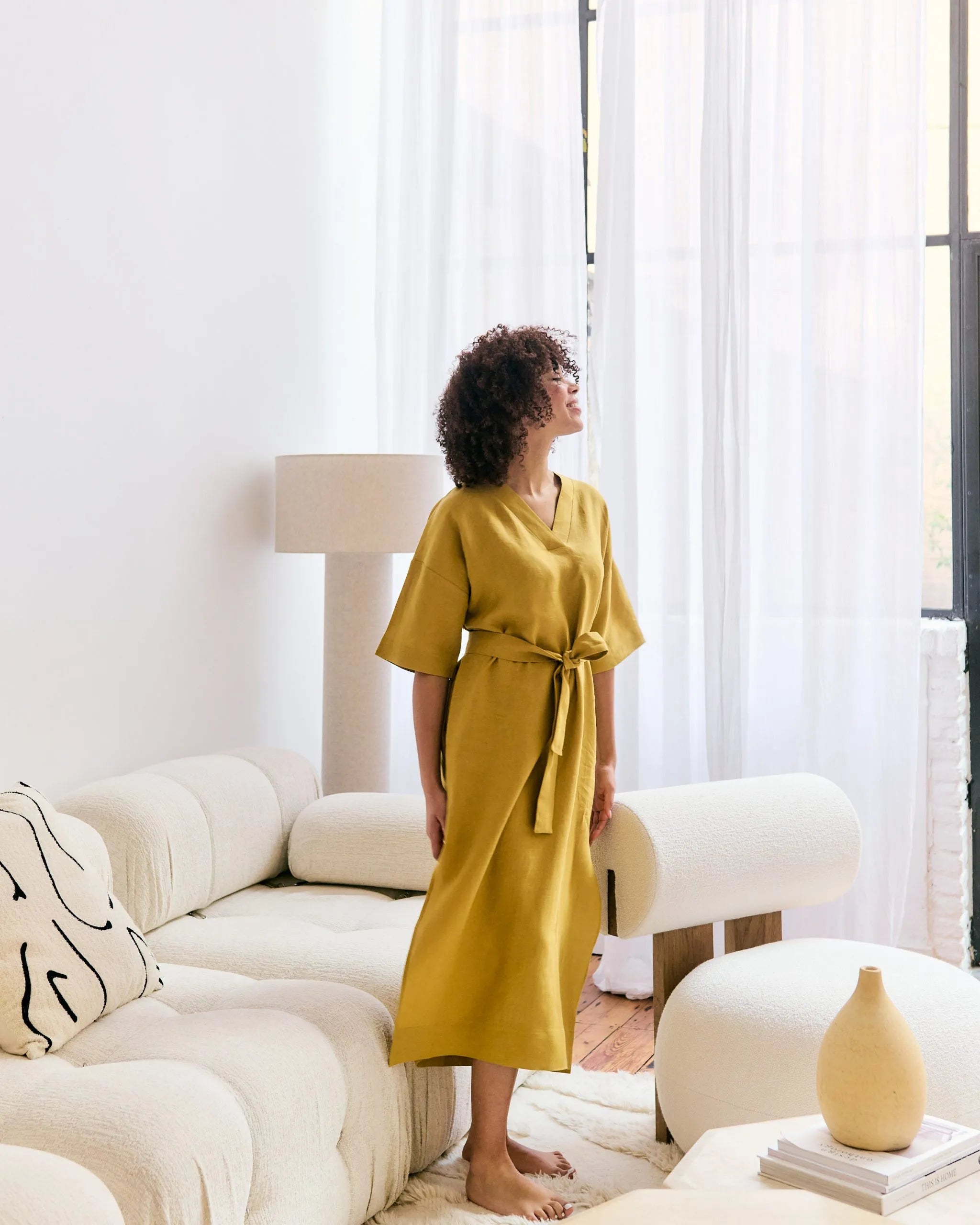 Mustard yellow straight dress with belt made of 100% Belgian linen.