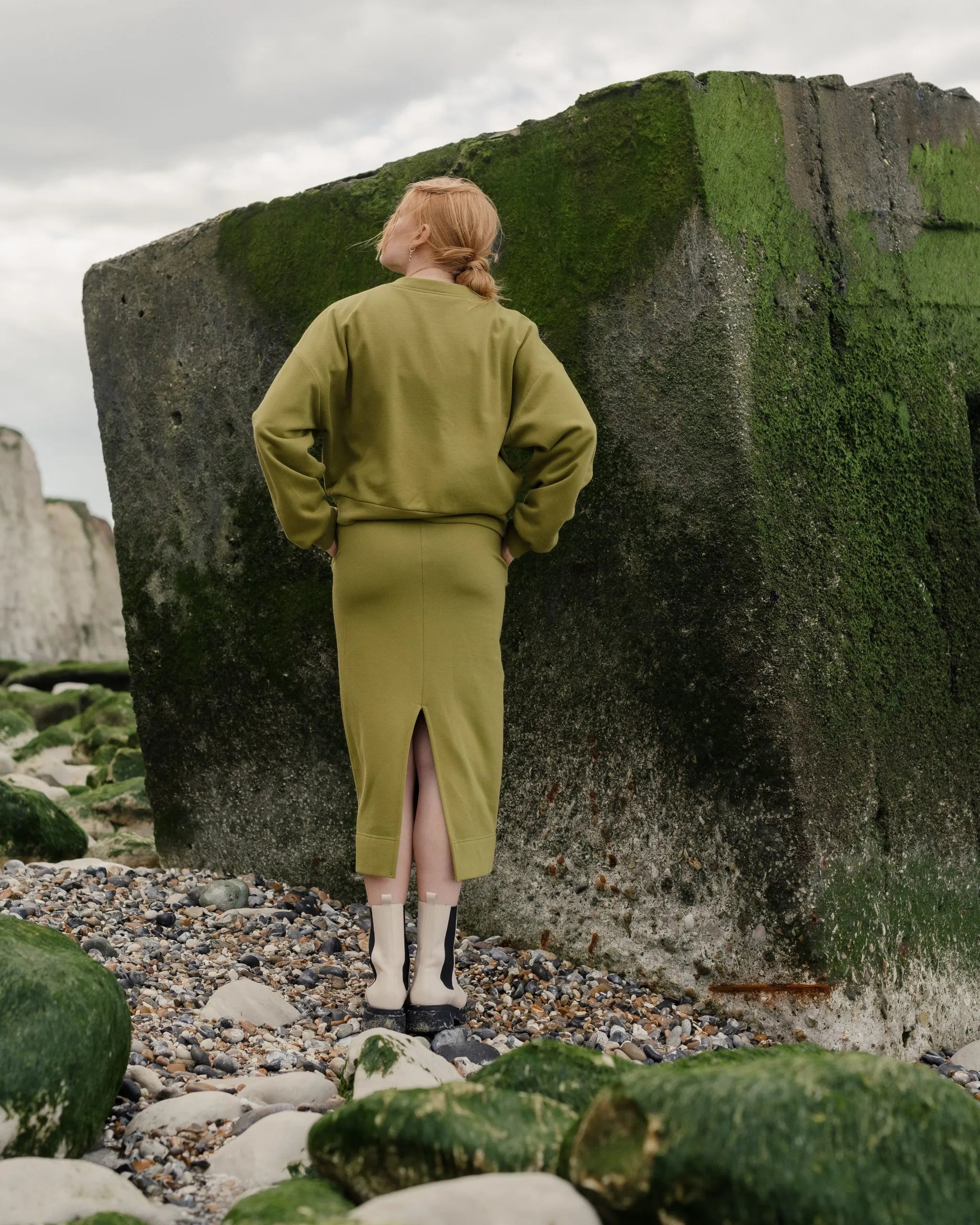 Soft and comfortable green organic cotton skirt and sweater.