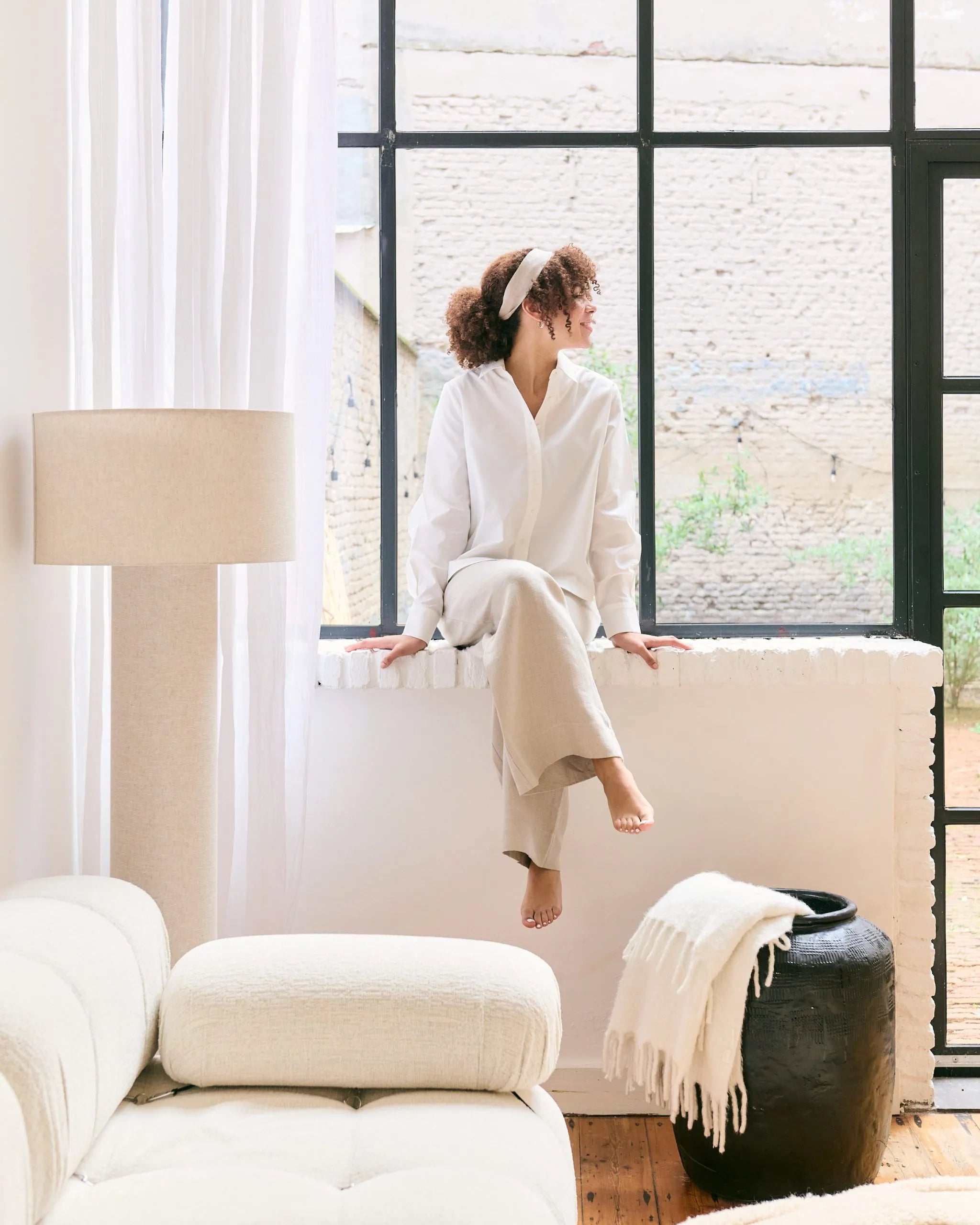 Natural Belgian linen trousers and white cotton shirt.