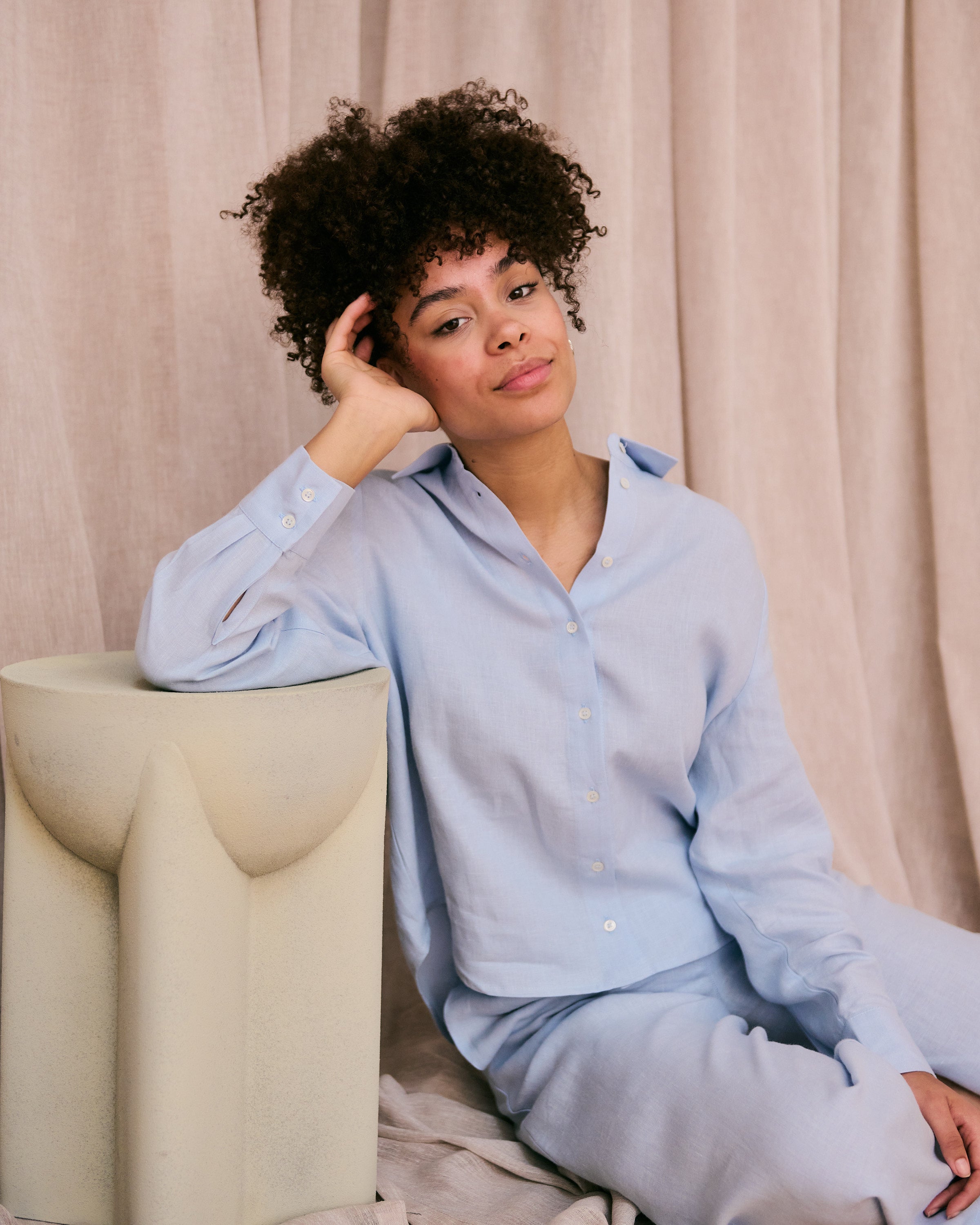 Comfortable light blue linen shirt and pants.