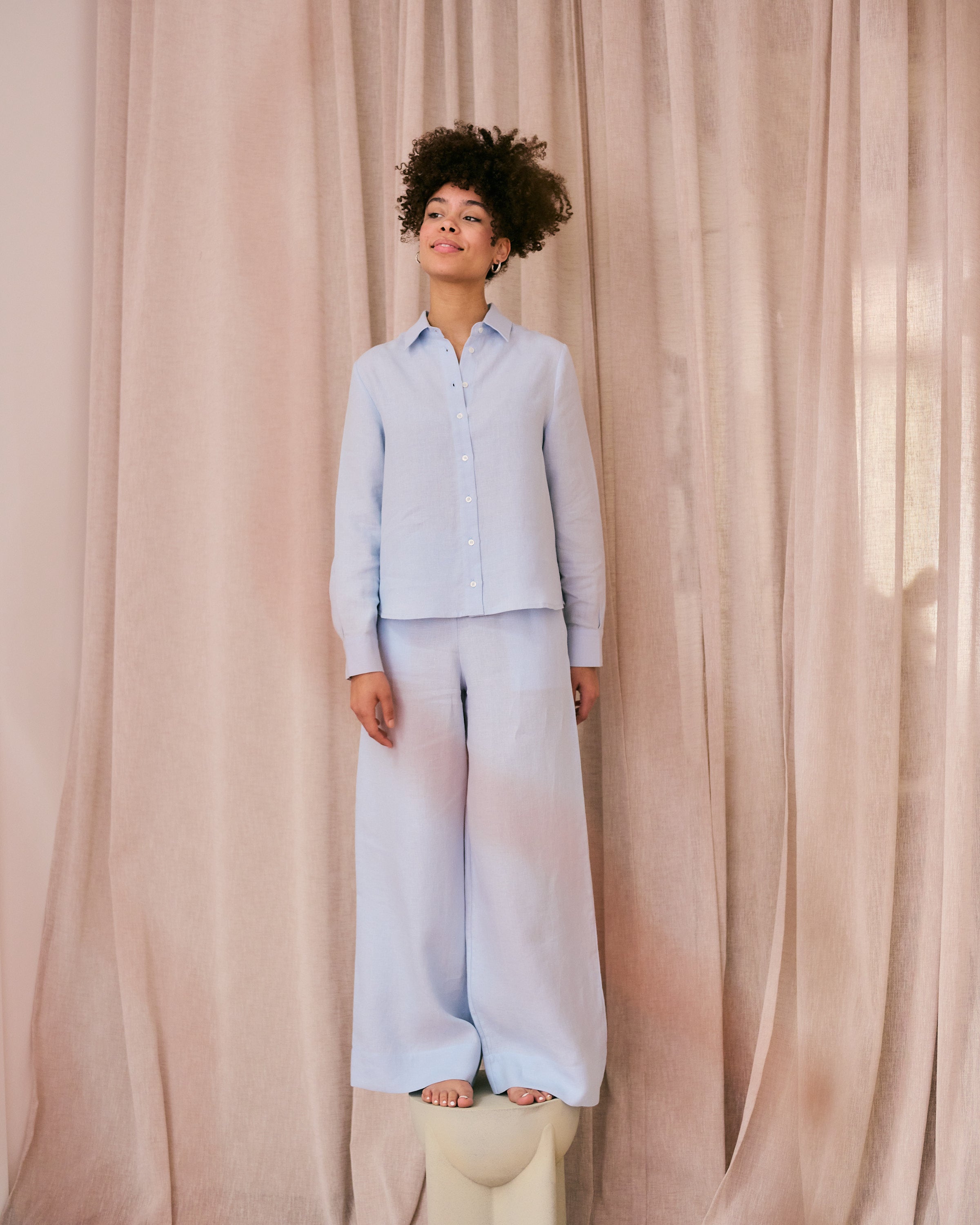 Comfortable light blue linen shirt and pants.