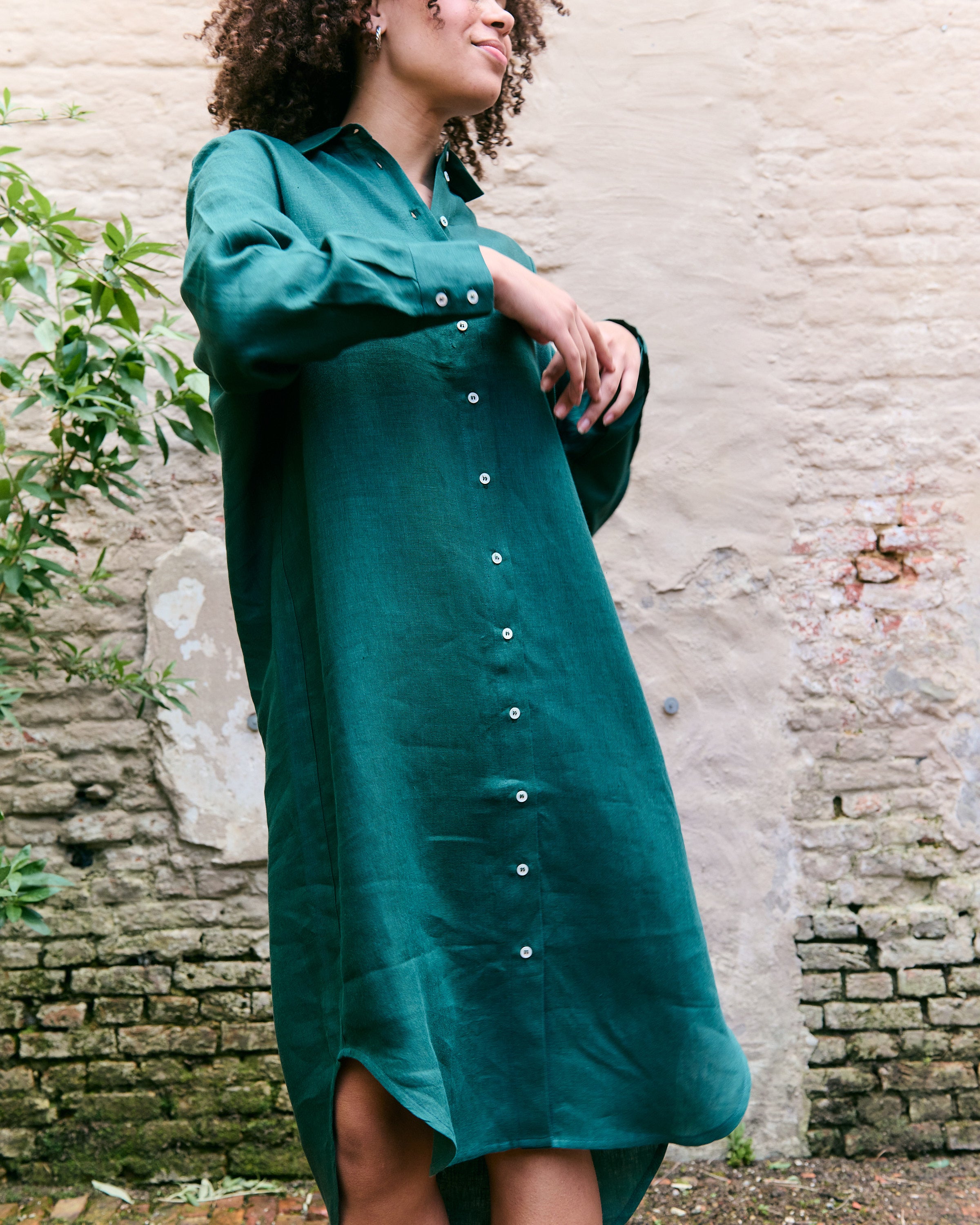 Comfortable and light green Belgian linen shirtdress.