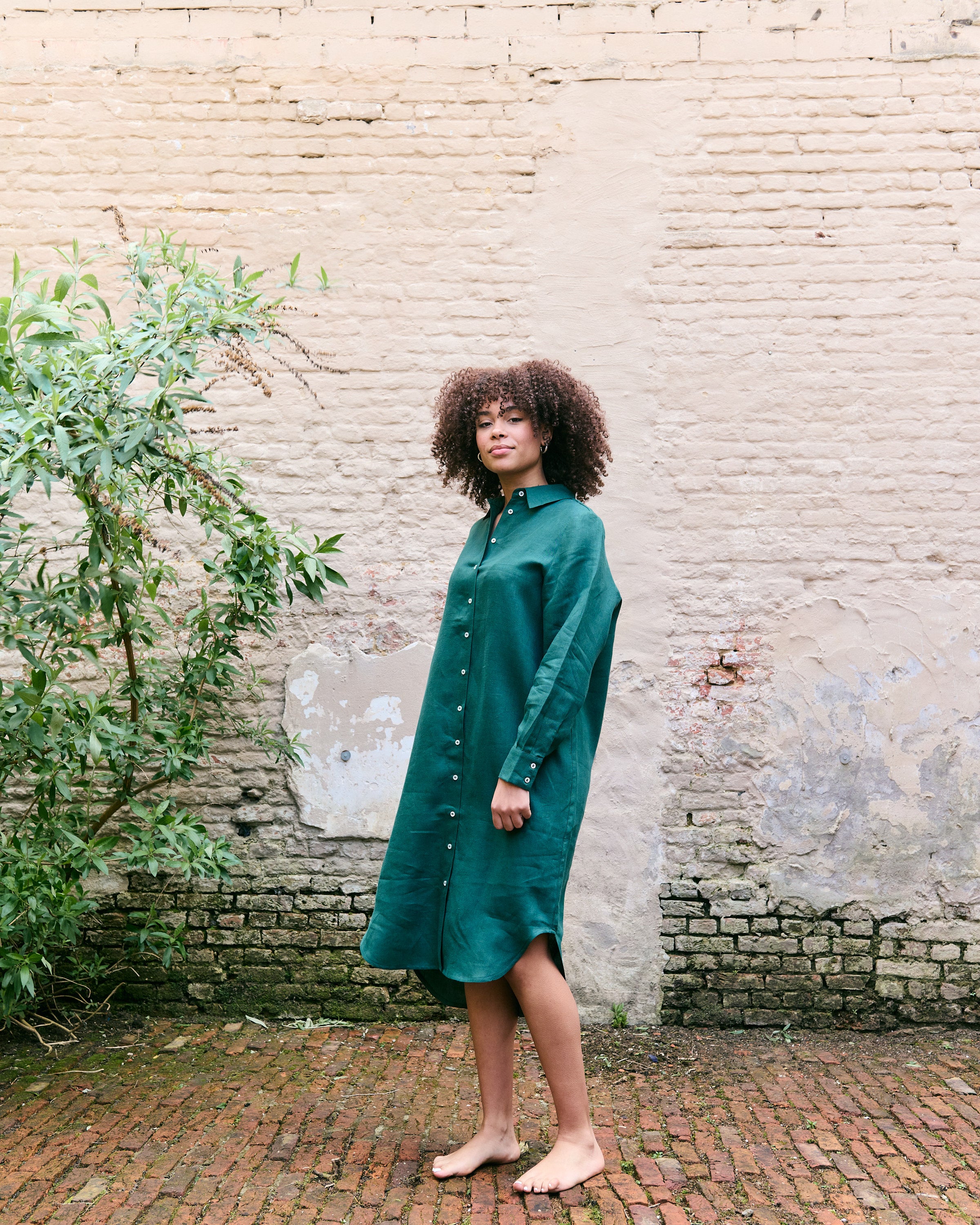 Comfortable and light green Belgian linen shirtdress.