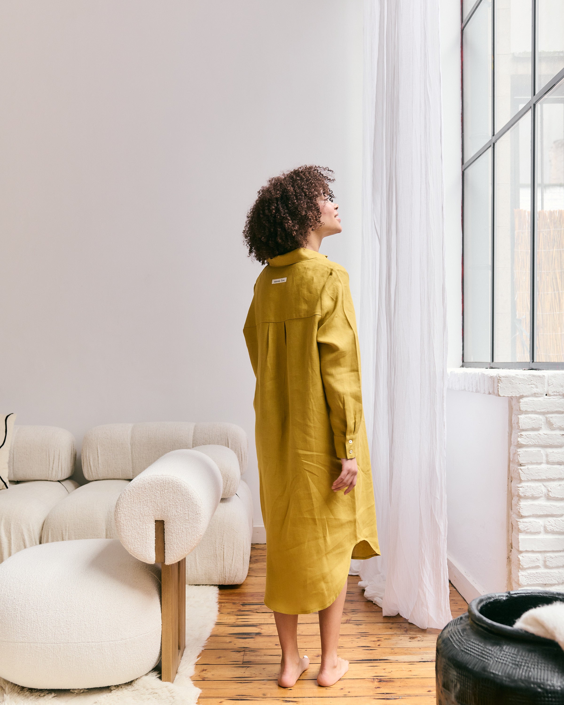 Comfortable and light mustard jellow Belgian linen shirtdress.