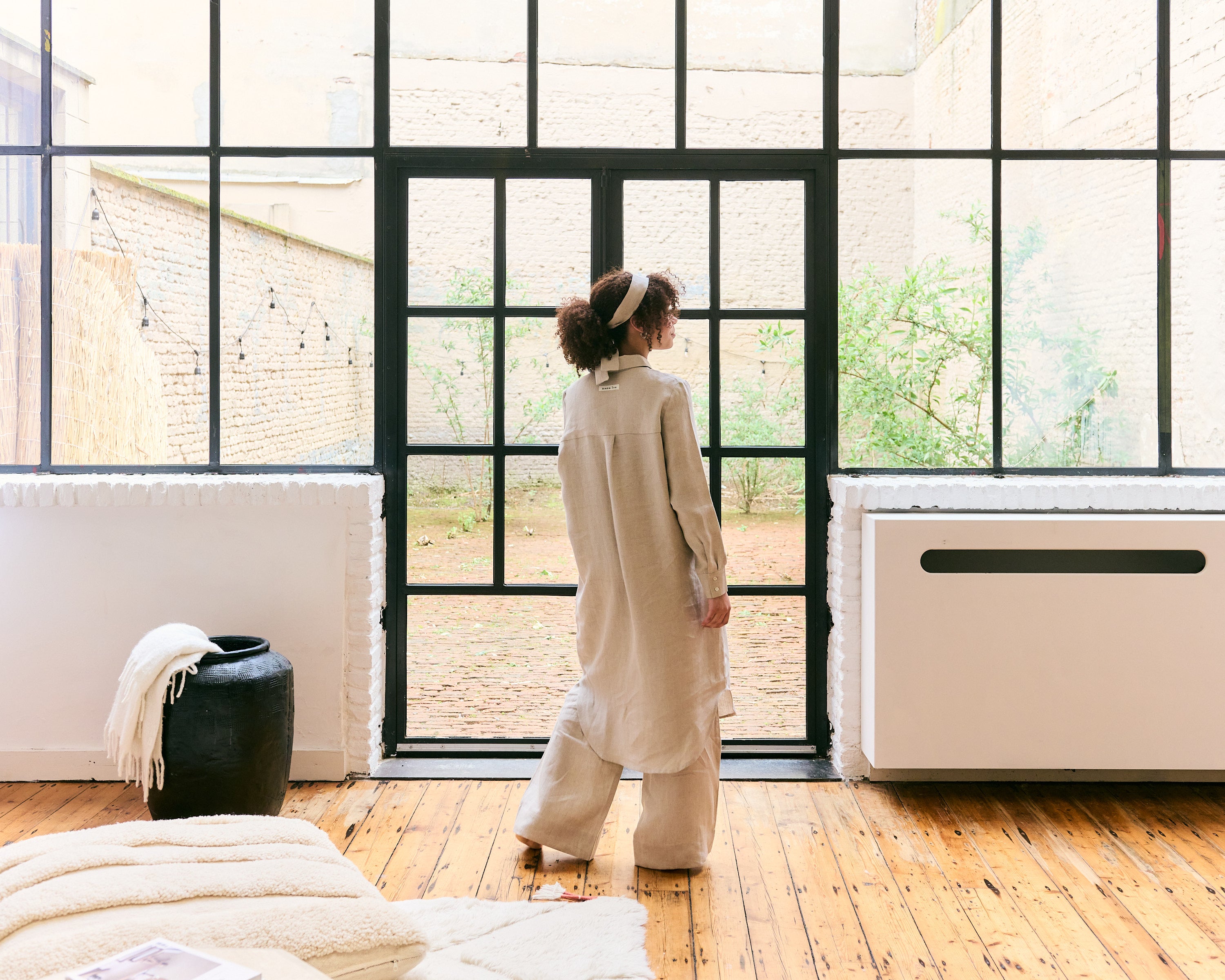 Comfortable and light natural Belgian linen shirtdress and pants.