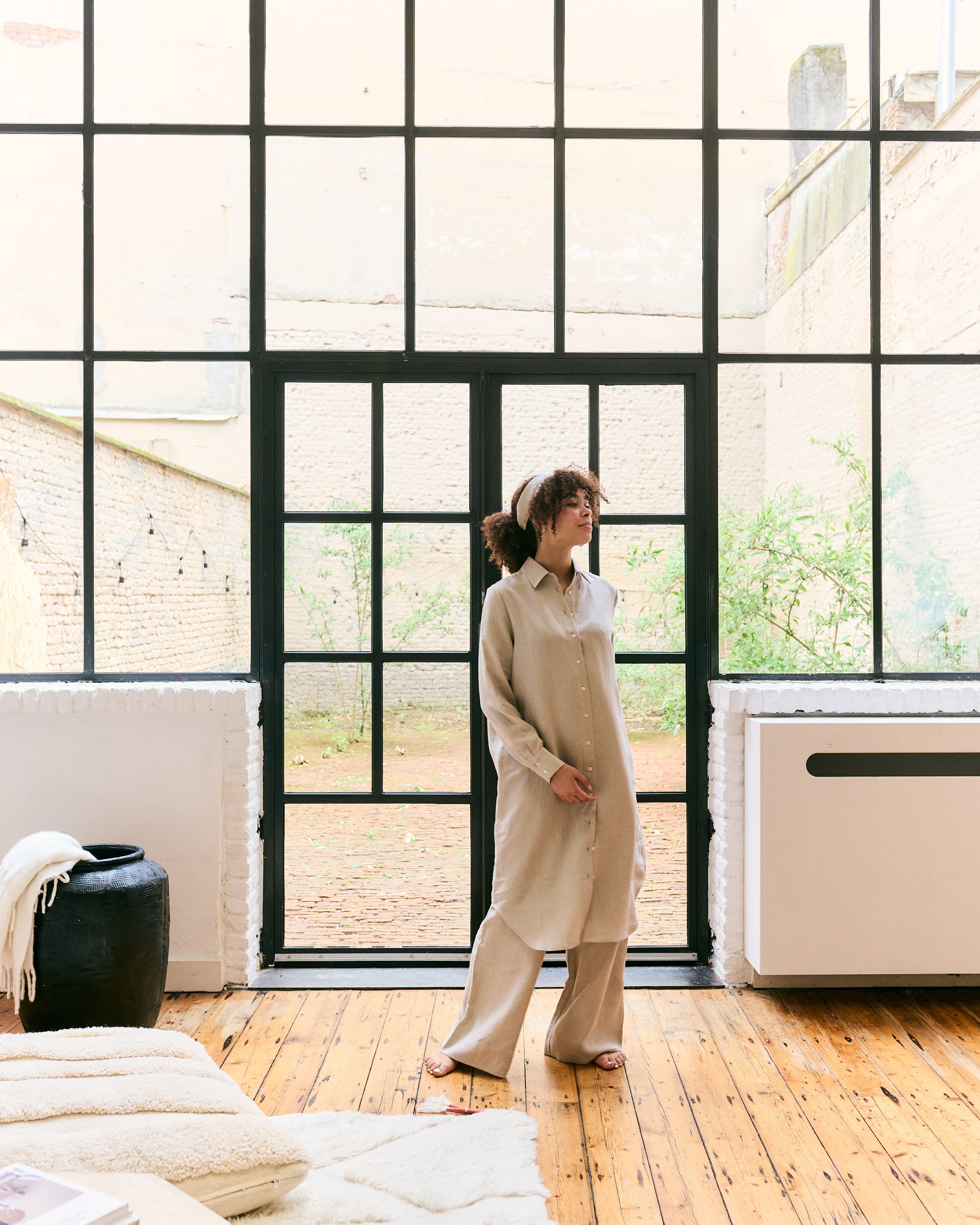 Comfortable and light natural Belgian linen shirtdress and pants.