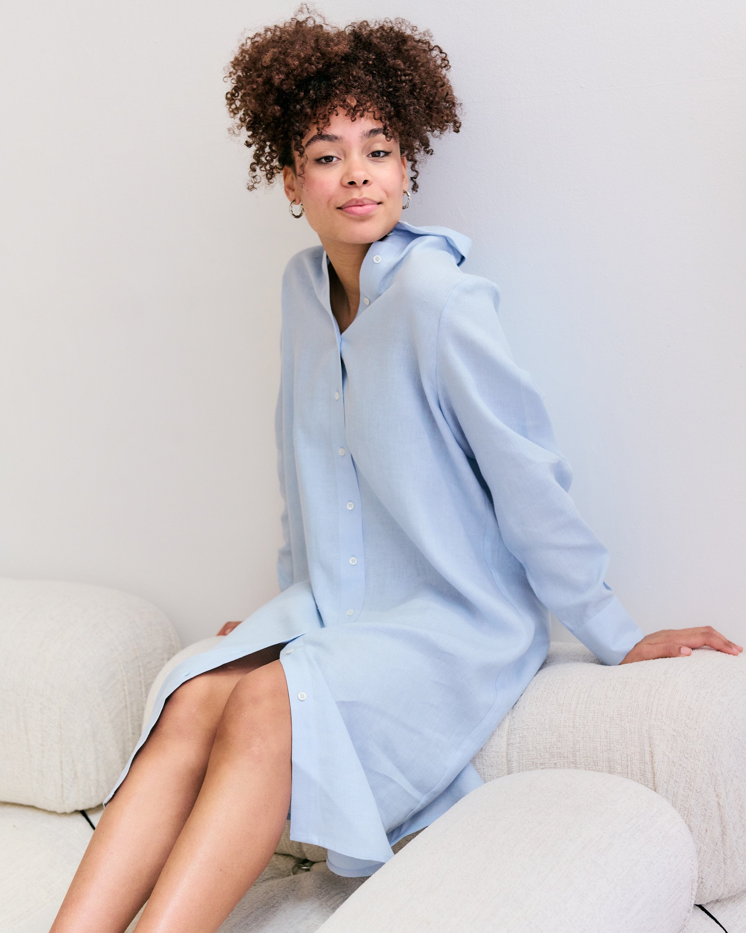 Comfortable light blue linen shirt dress.