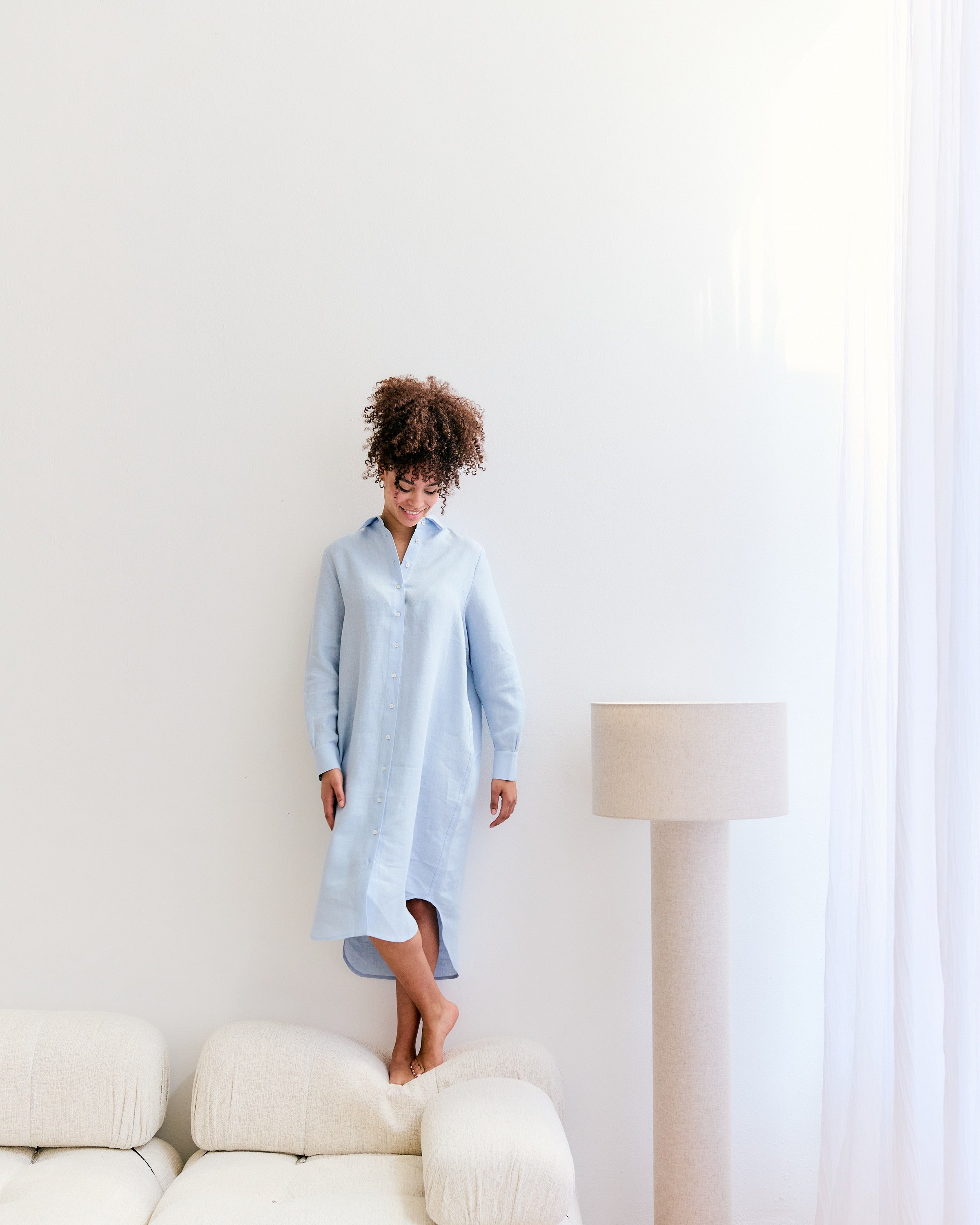 Comfortable light blue linen shirt dress.
