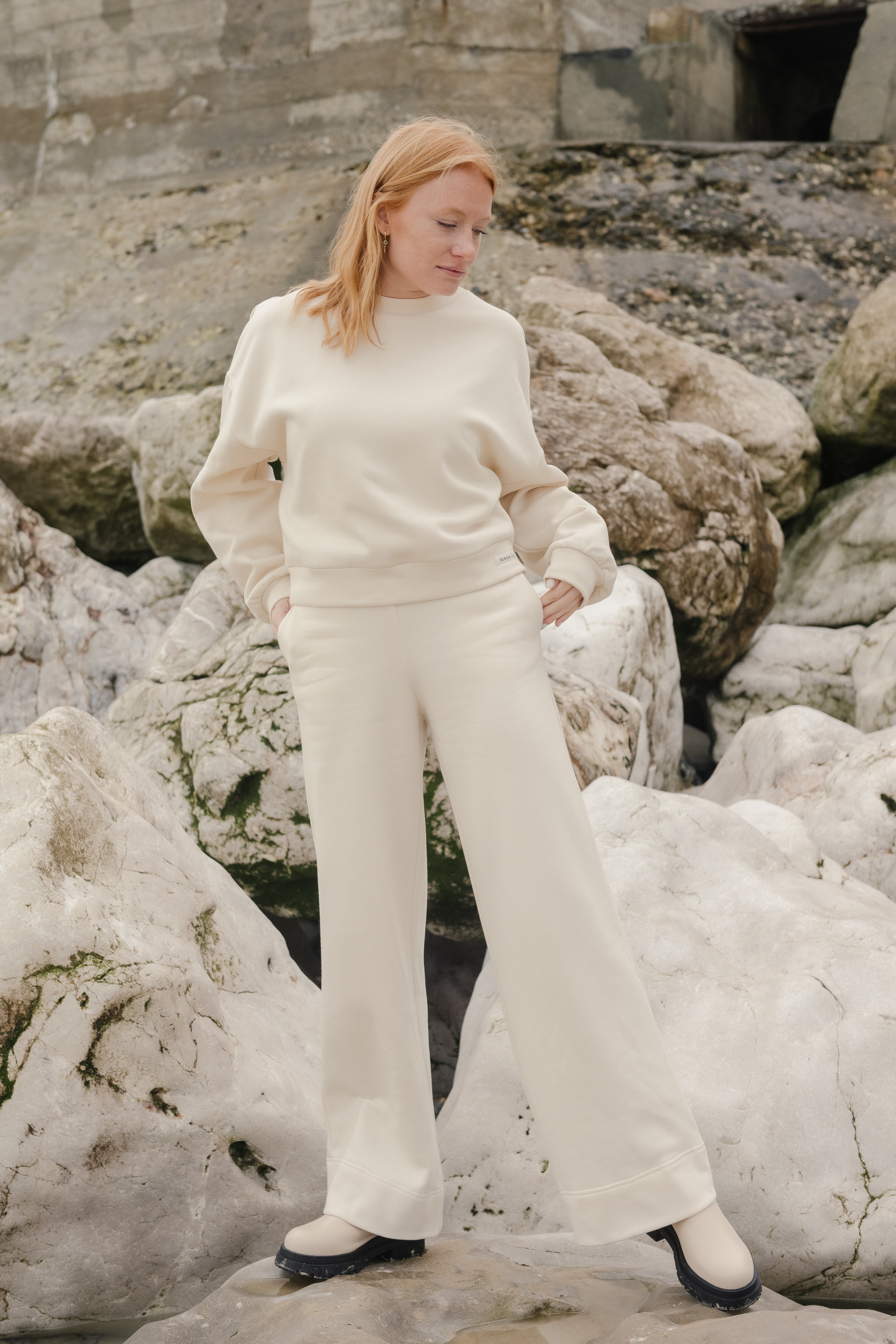 Soft and comfortable light-coloured organic cotton pants and sweater.