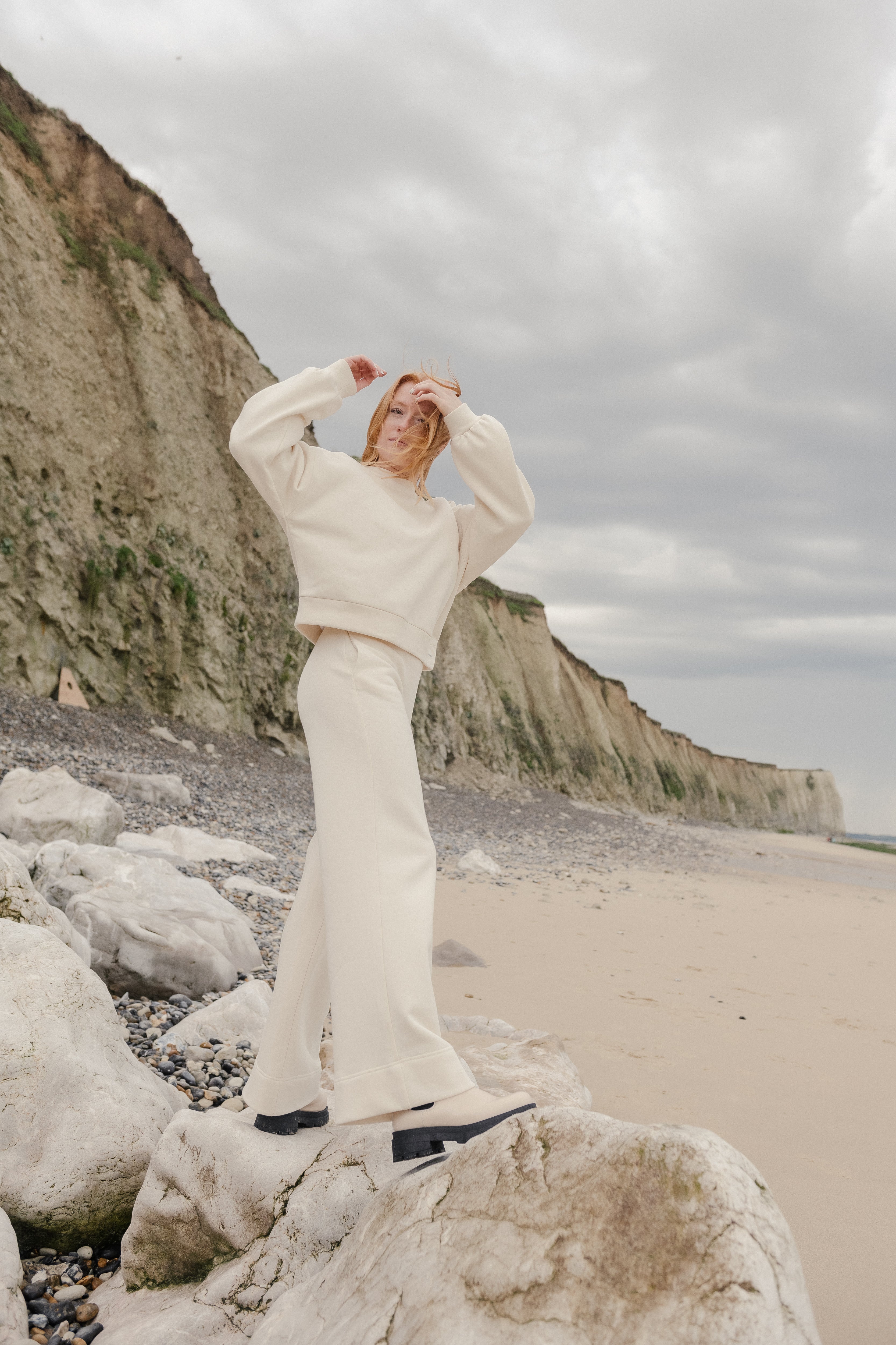 Soft and comfortable light-coloured organic cotton pants and sweater.