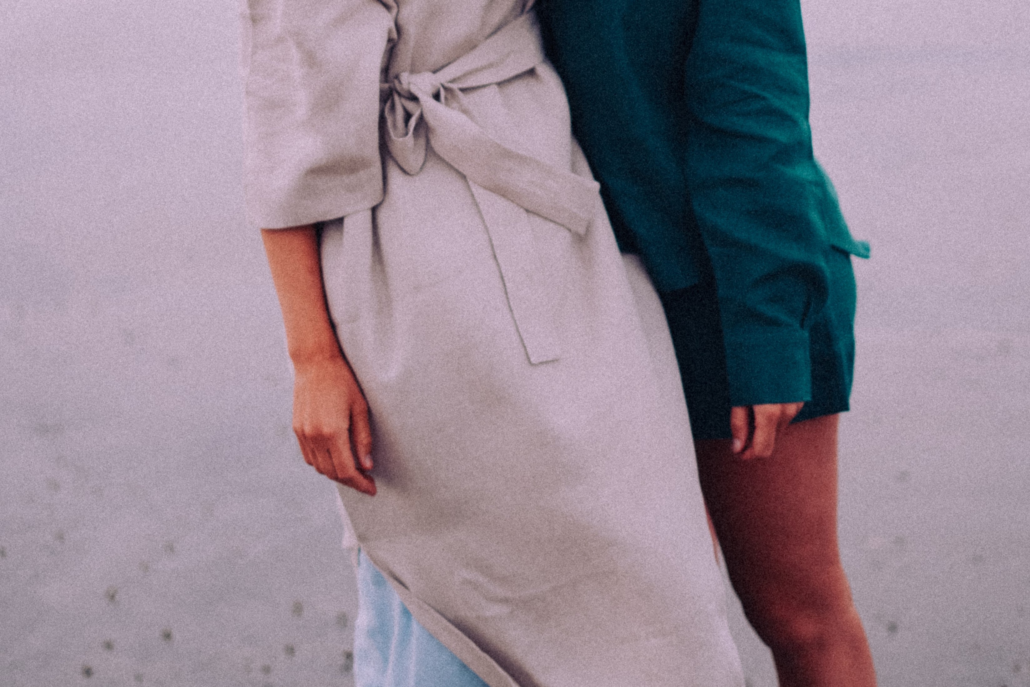 Close up of two girls and their natural linen mana loa clothing.