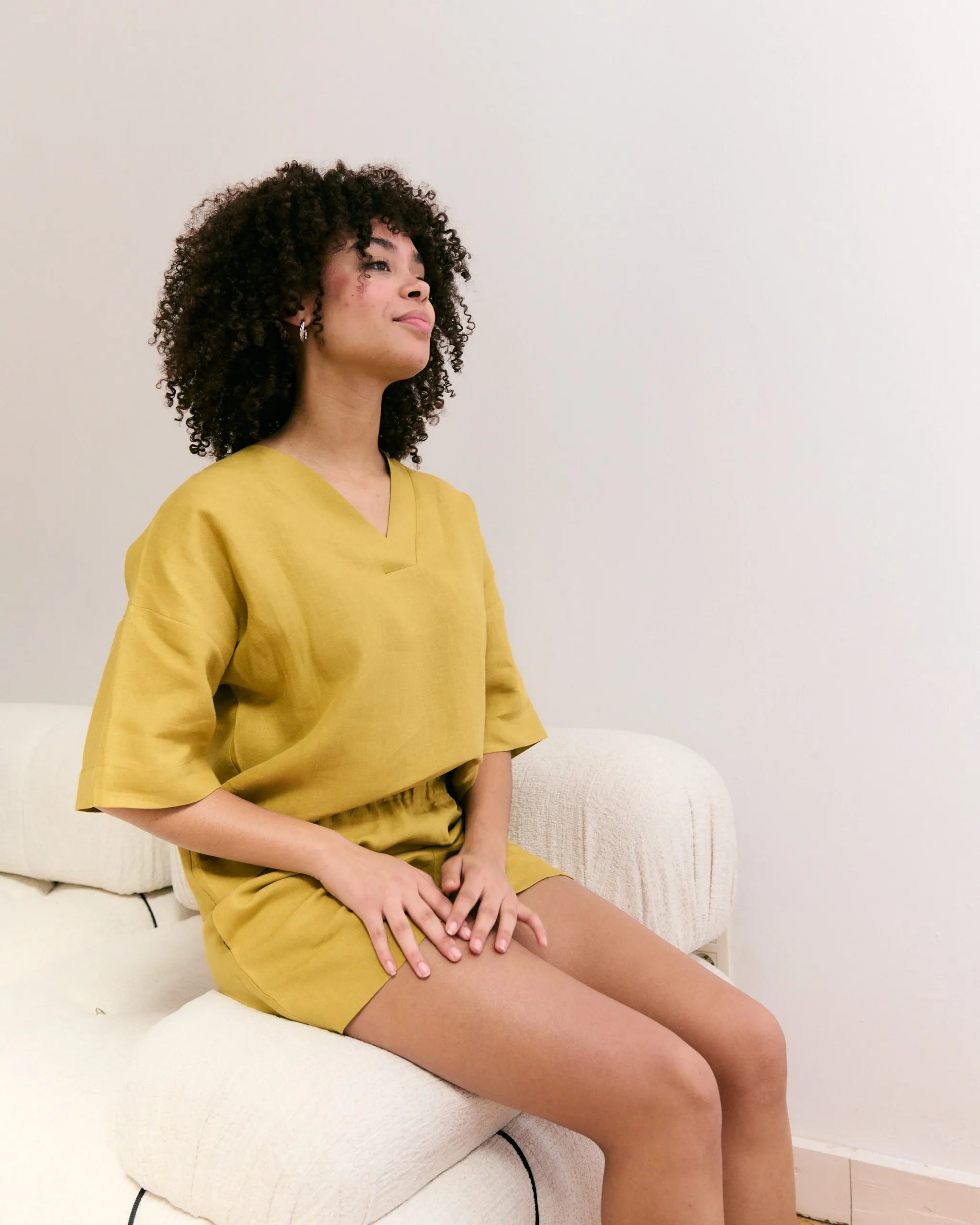 Mustard yellow top and shorts made of 100% Belgian linen.