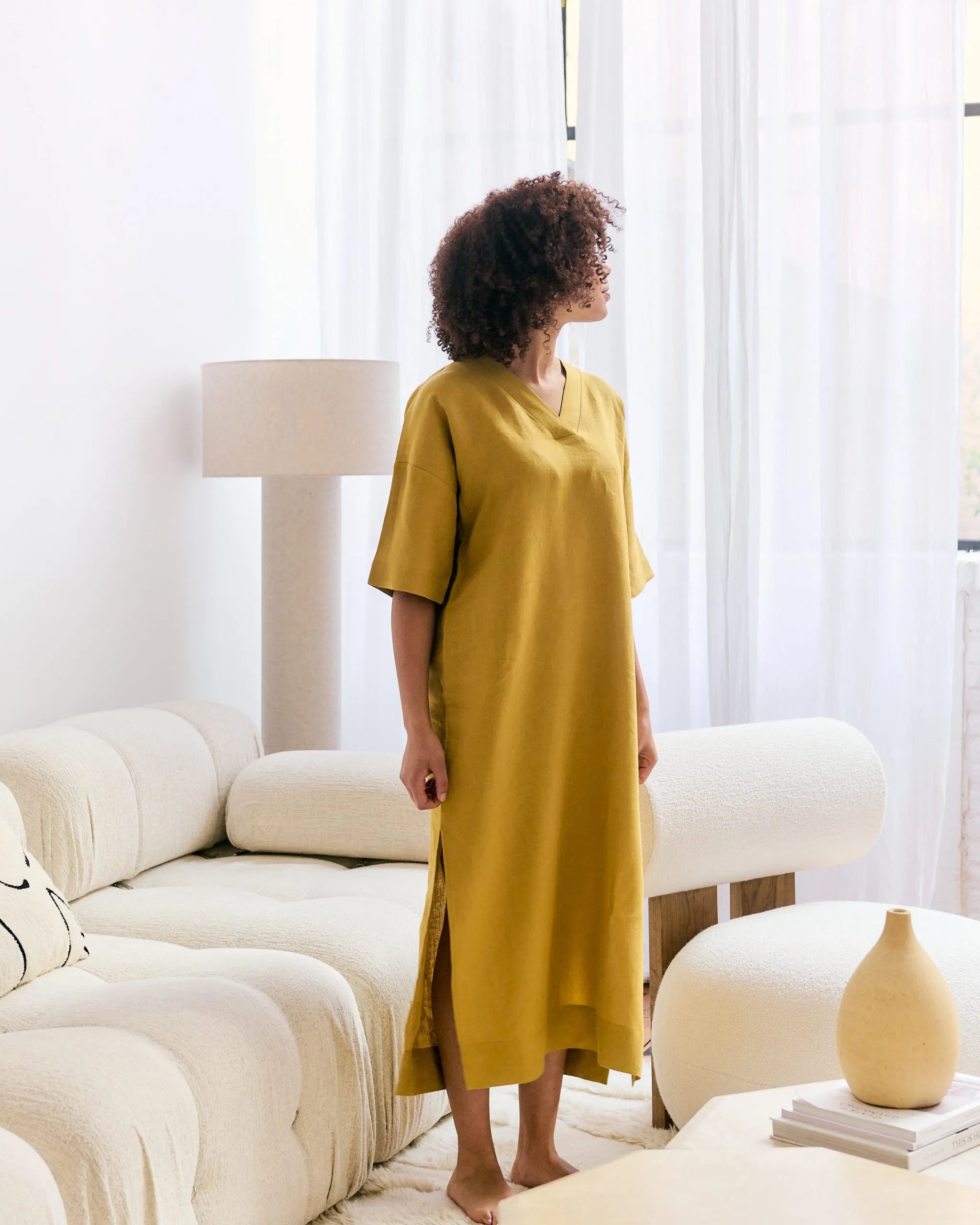 Mustard yellow straight dress made of 100% Belgian linen