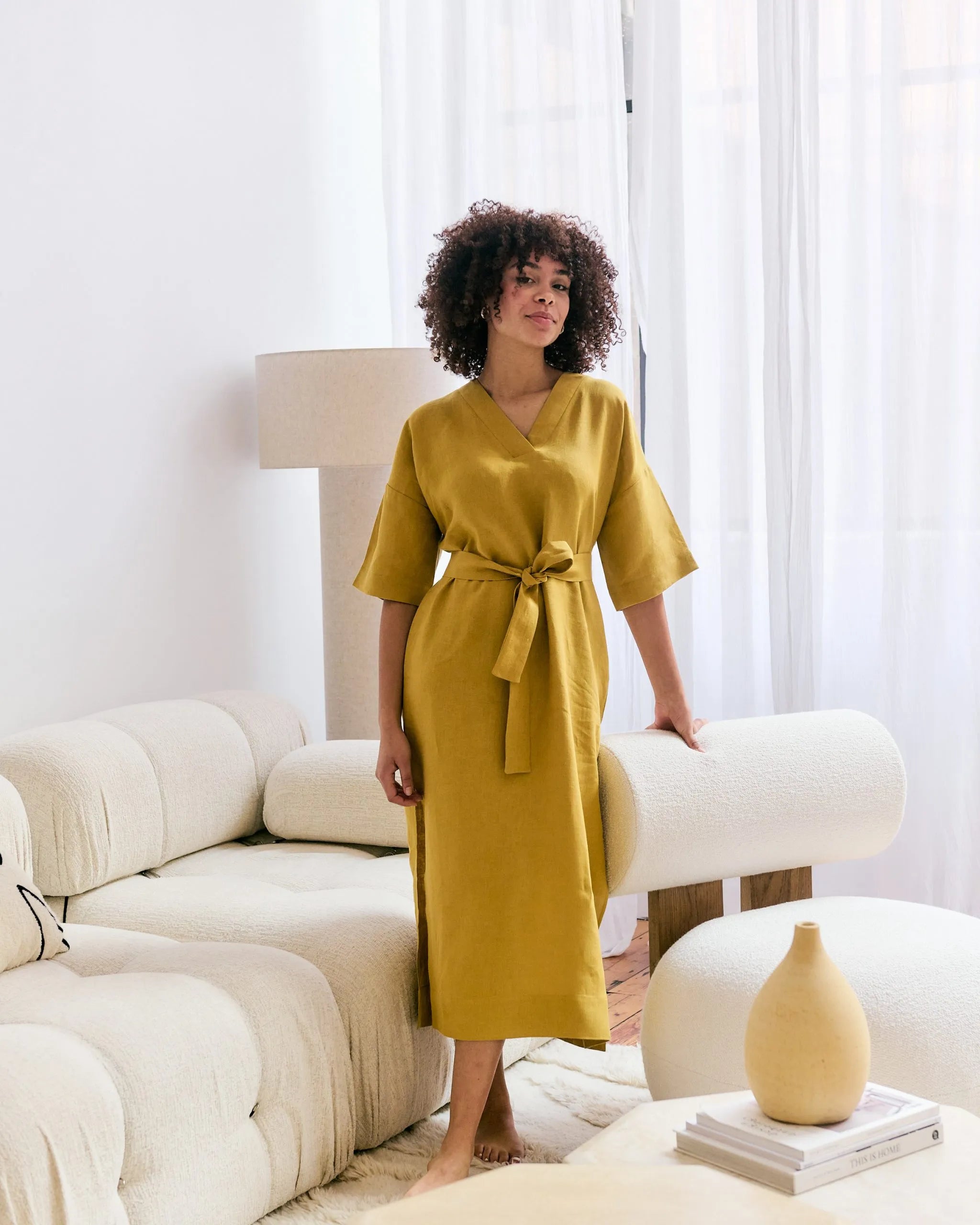 Mustard yellow straight dress made of 100% Belgian linen