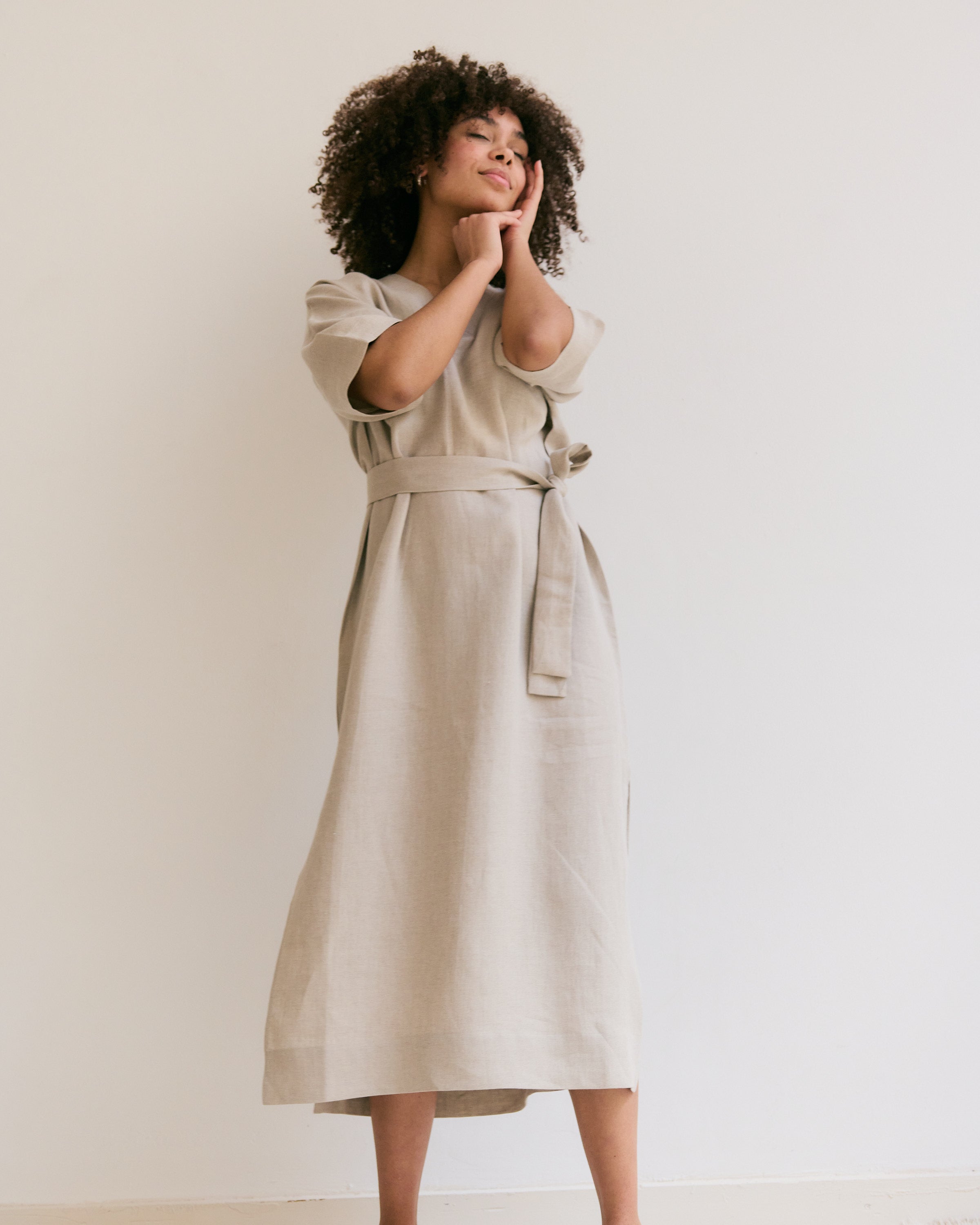 Natural linen straight dress with belt.