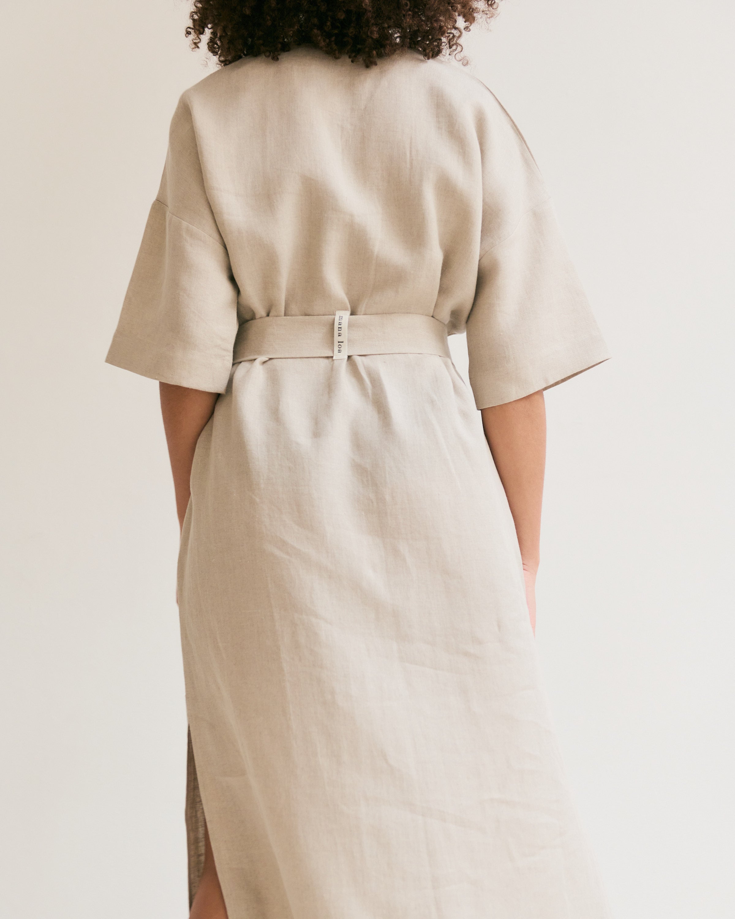 Natural linen straight dress with belt.