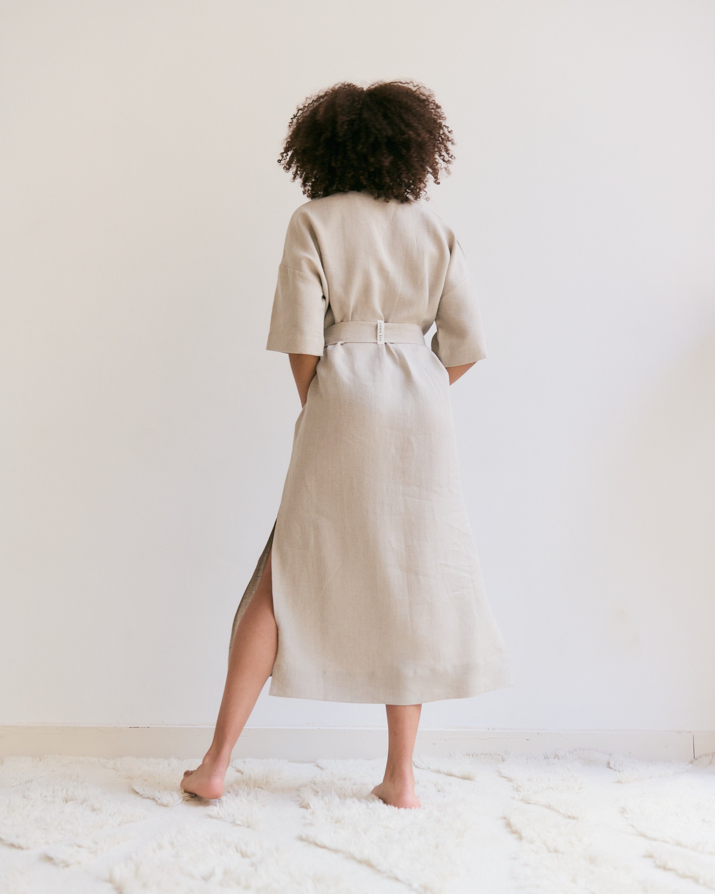 Natural linen straight dress with belt.