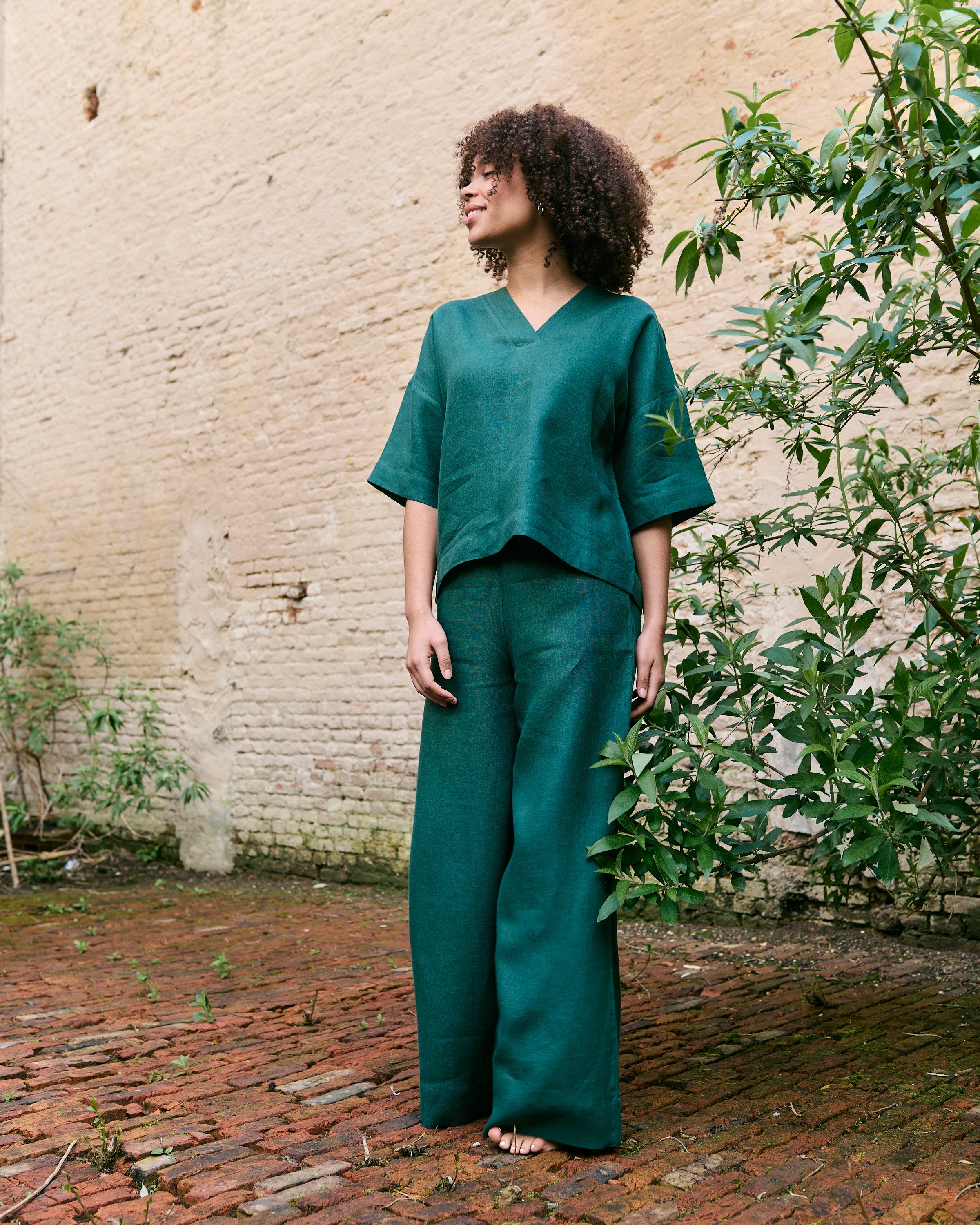Comfortable green linen trousers and top made from 100% Belgian linen.