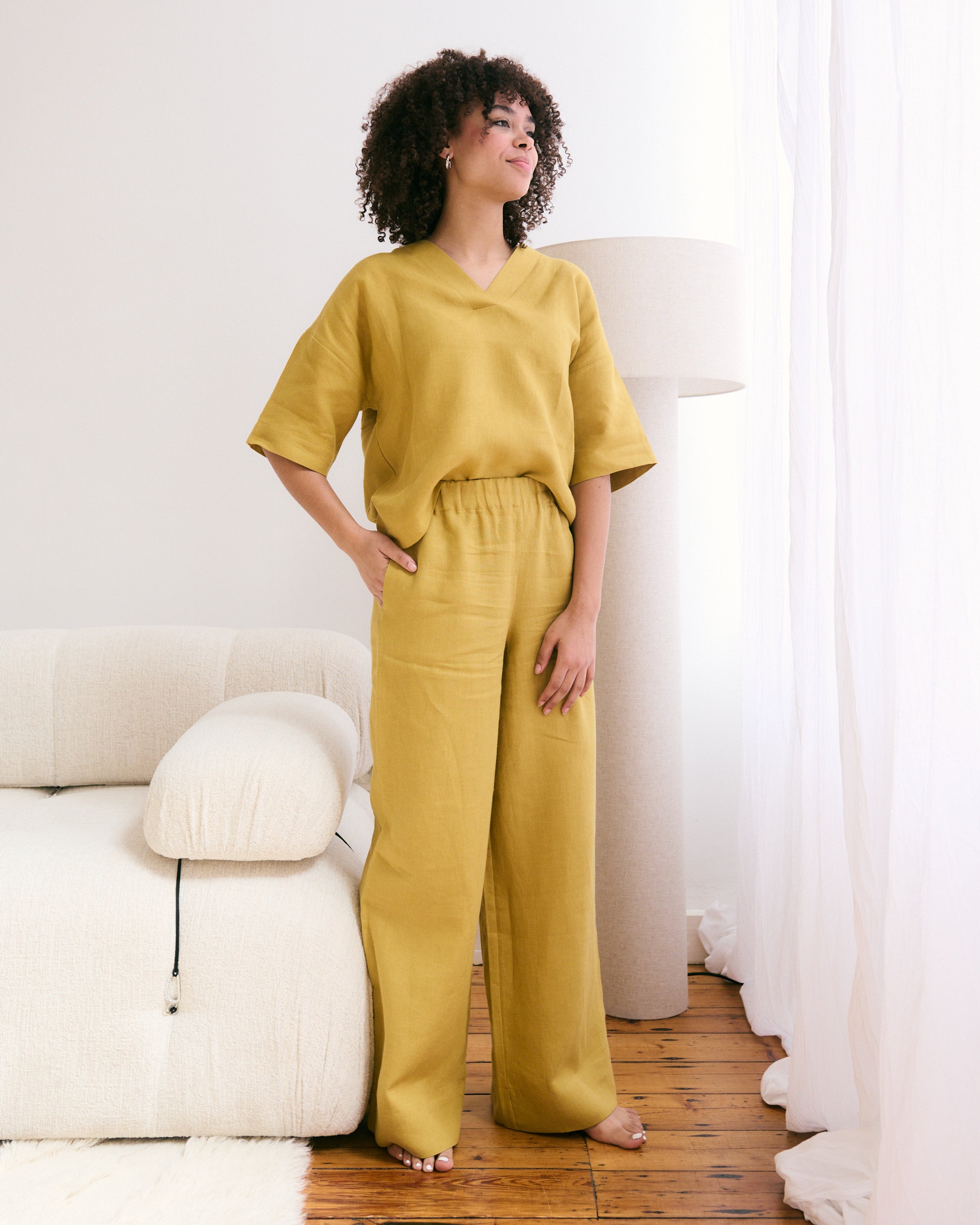 Comfortable mustard yellow linen pants and top made from 100% Belgian linen.