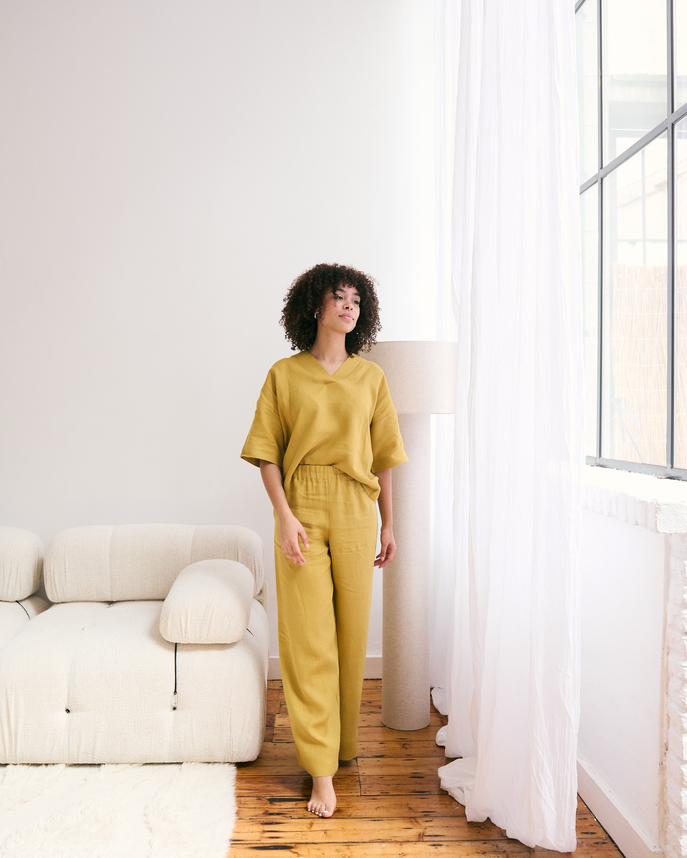 Comfortable mustard yellow linen pants and top made from 100% Belgian linen.