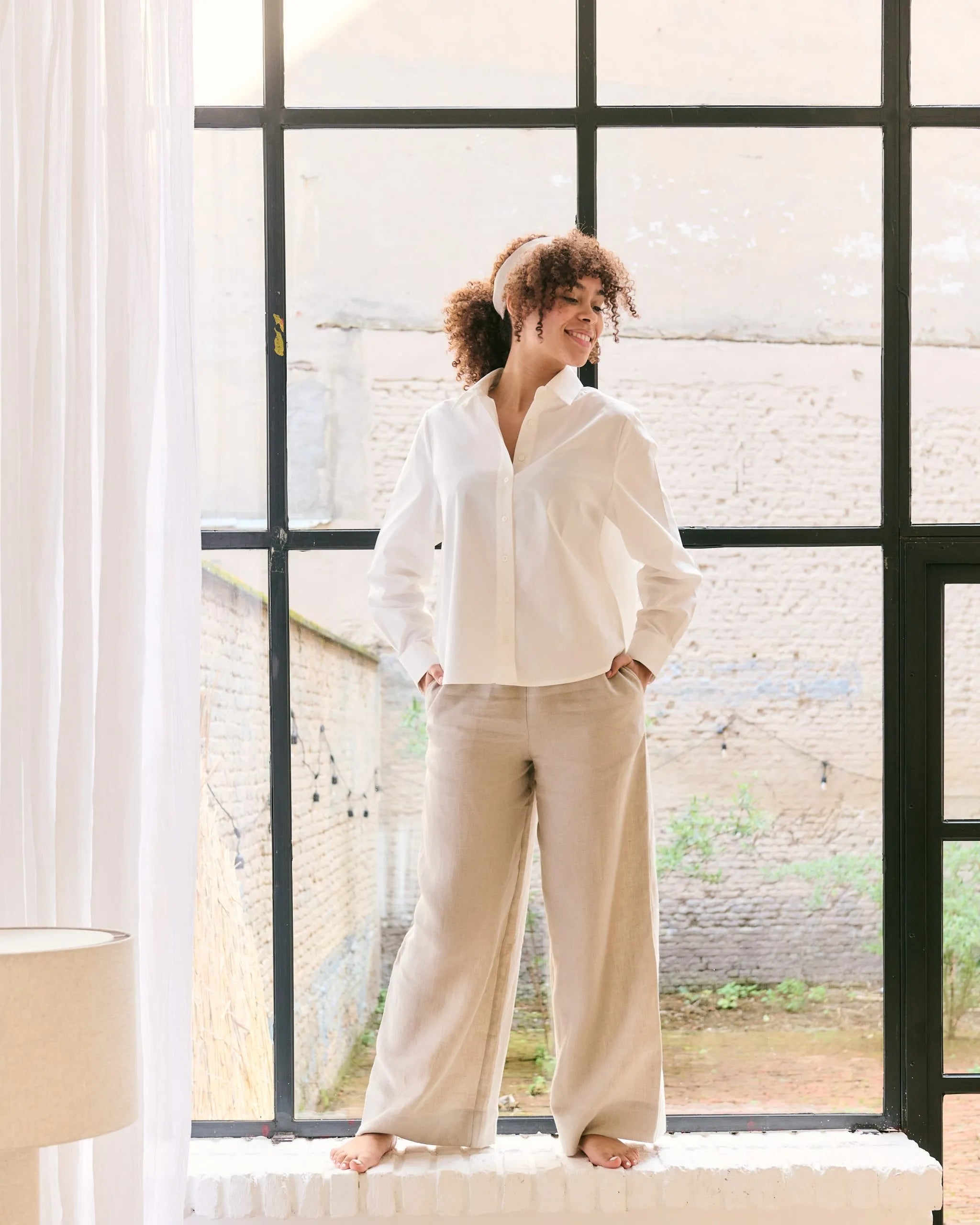 Natural Belgian linen trousers and white cotton shirt.