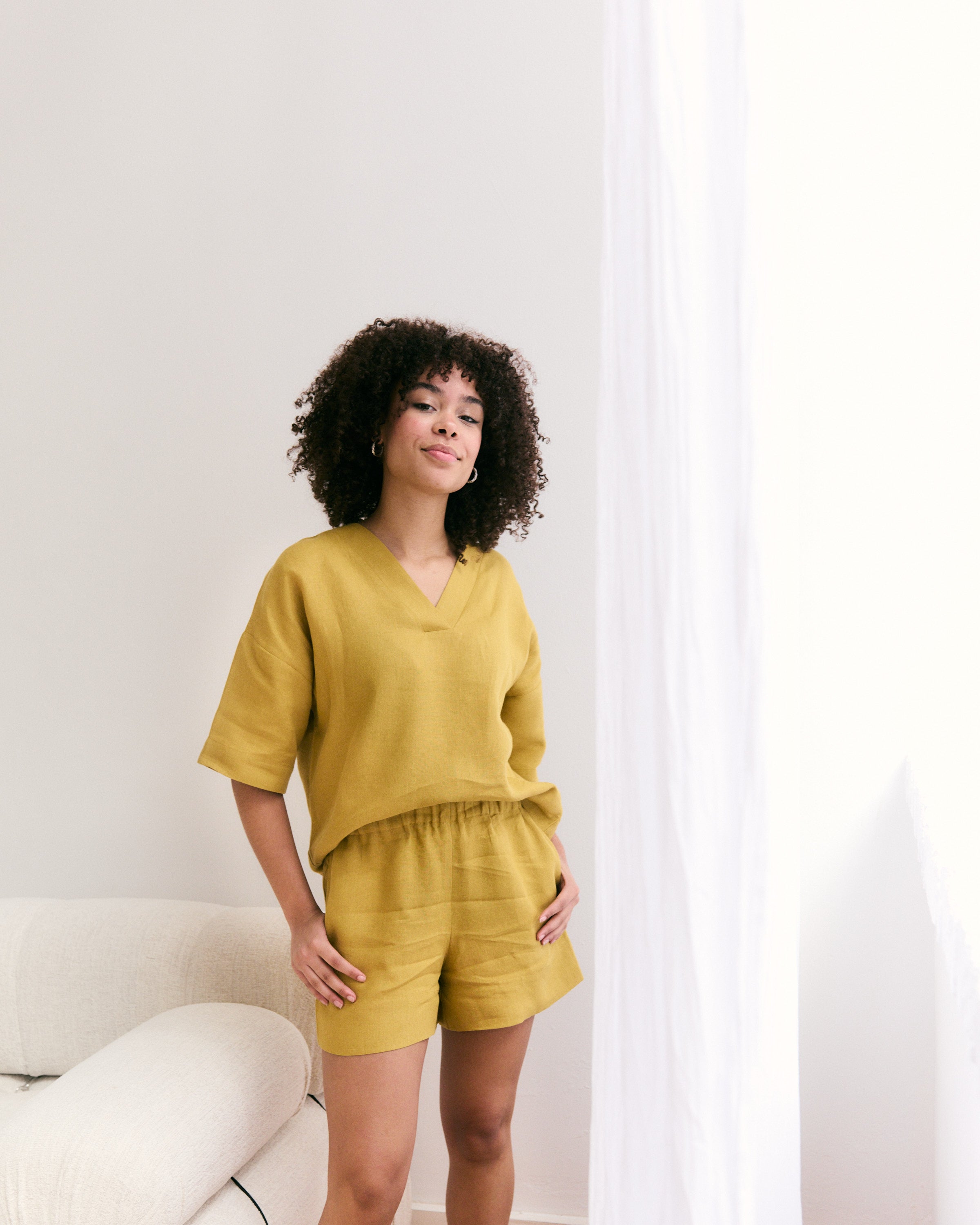 Comfortable and light mustard jellow Belgian linen shorts and top.