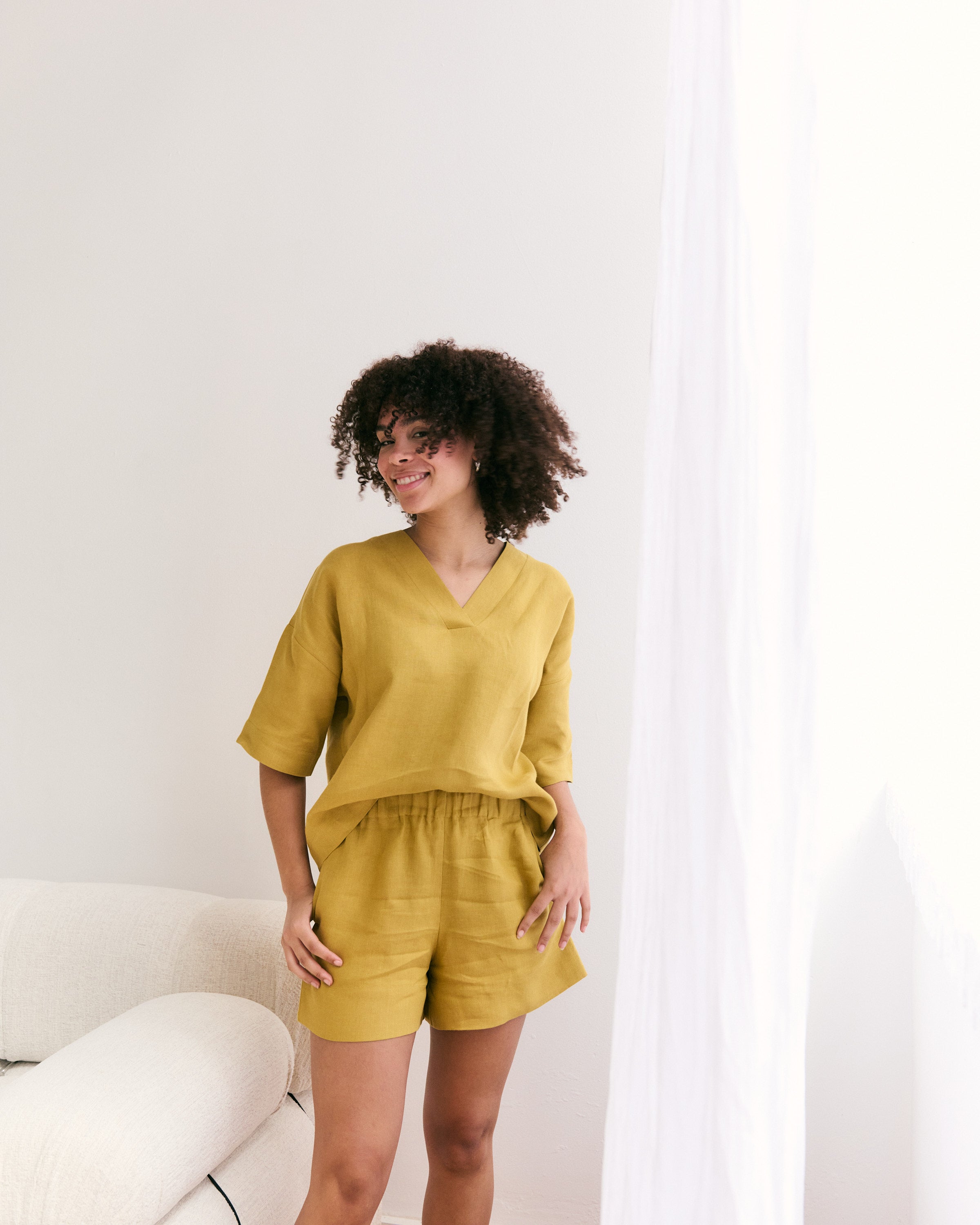Comfortable and light mustard jellow Belgian linen shorts and top.