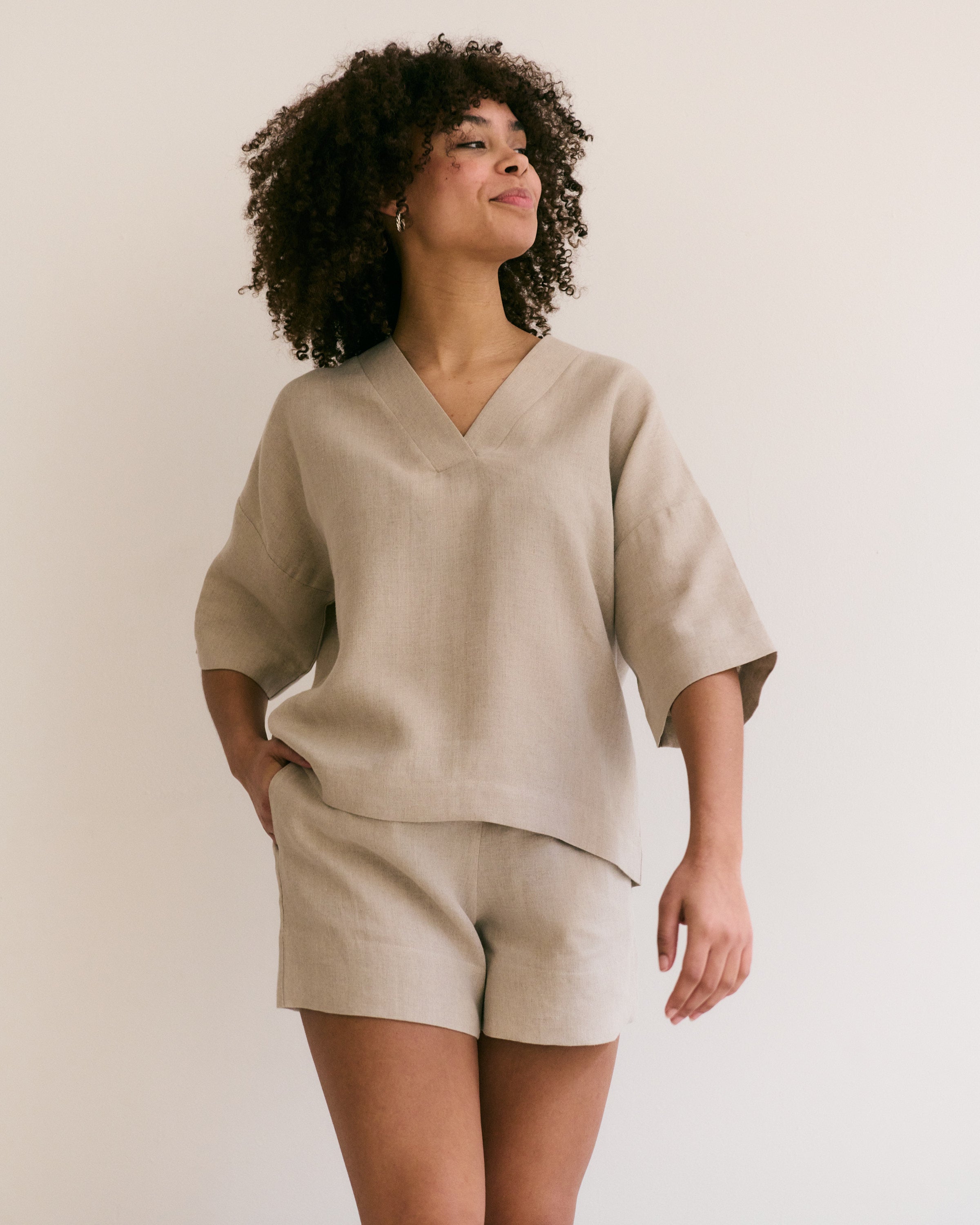 Comfortable and light natural Belgian linen shorts and top.