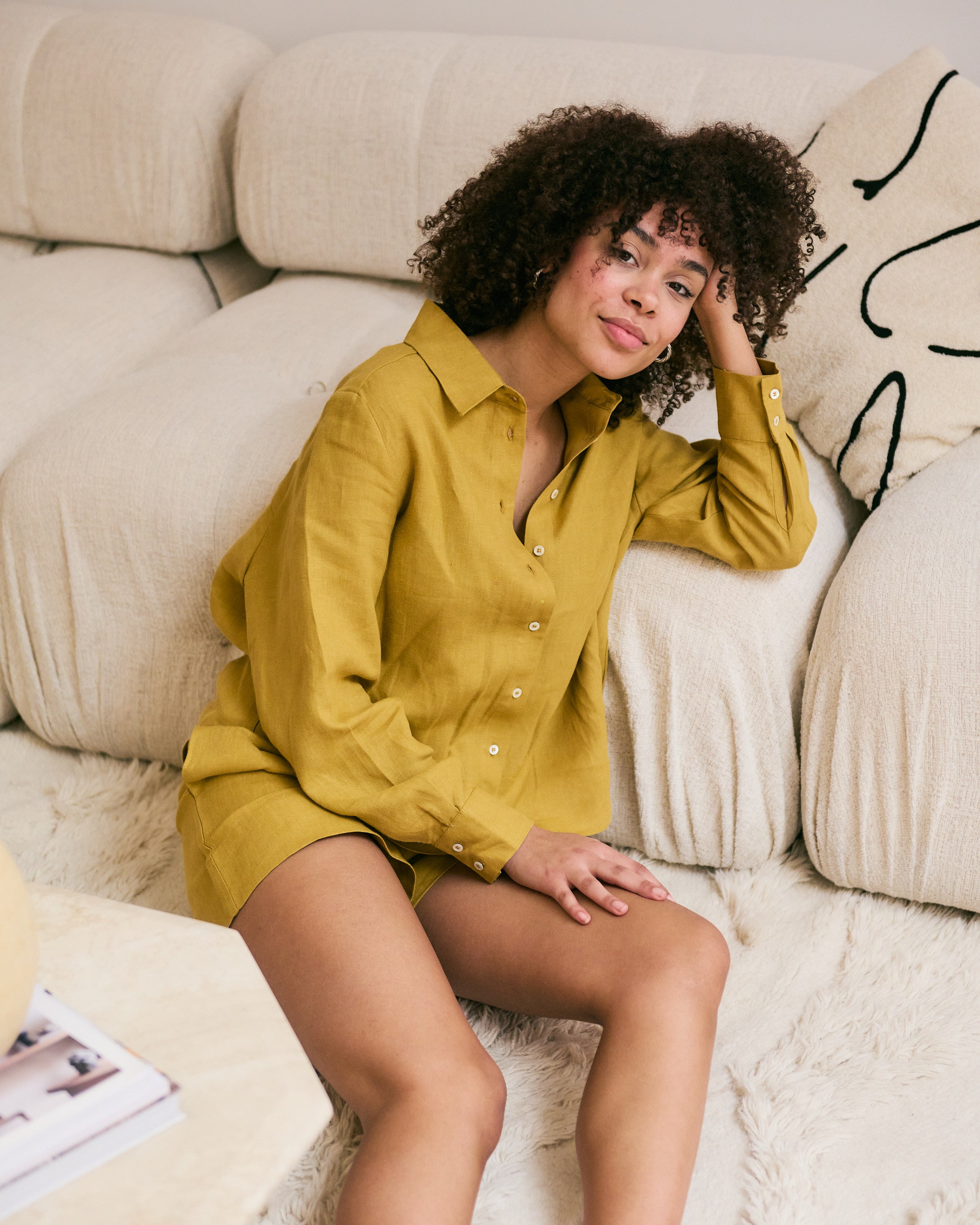 Comfortable mustard yellow Belgian linen shirt and shorts.