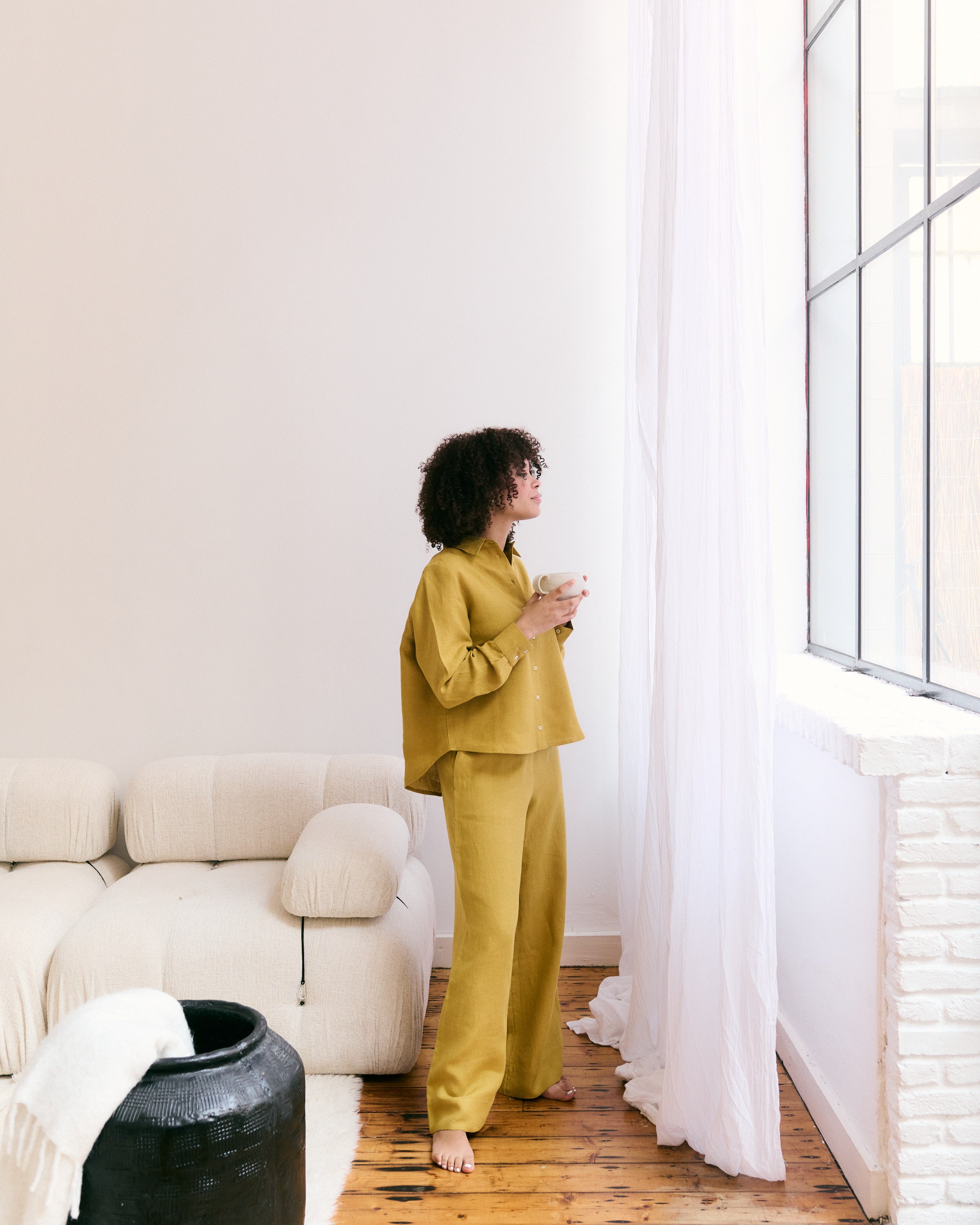 Comfortable mustard yellow Belgian linen shirt and pants.