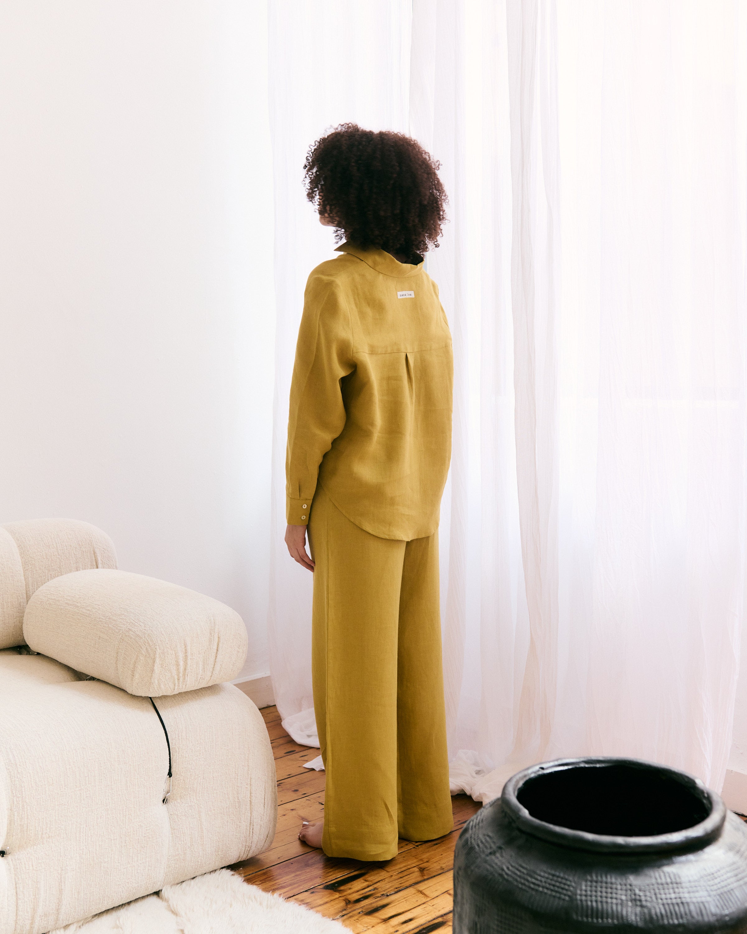 Comfortable mustard yellow Belgian linen shirt and pants.