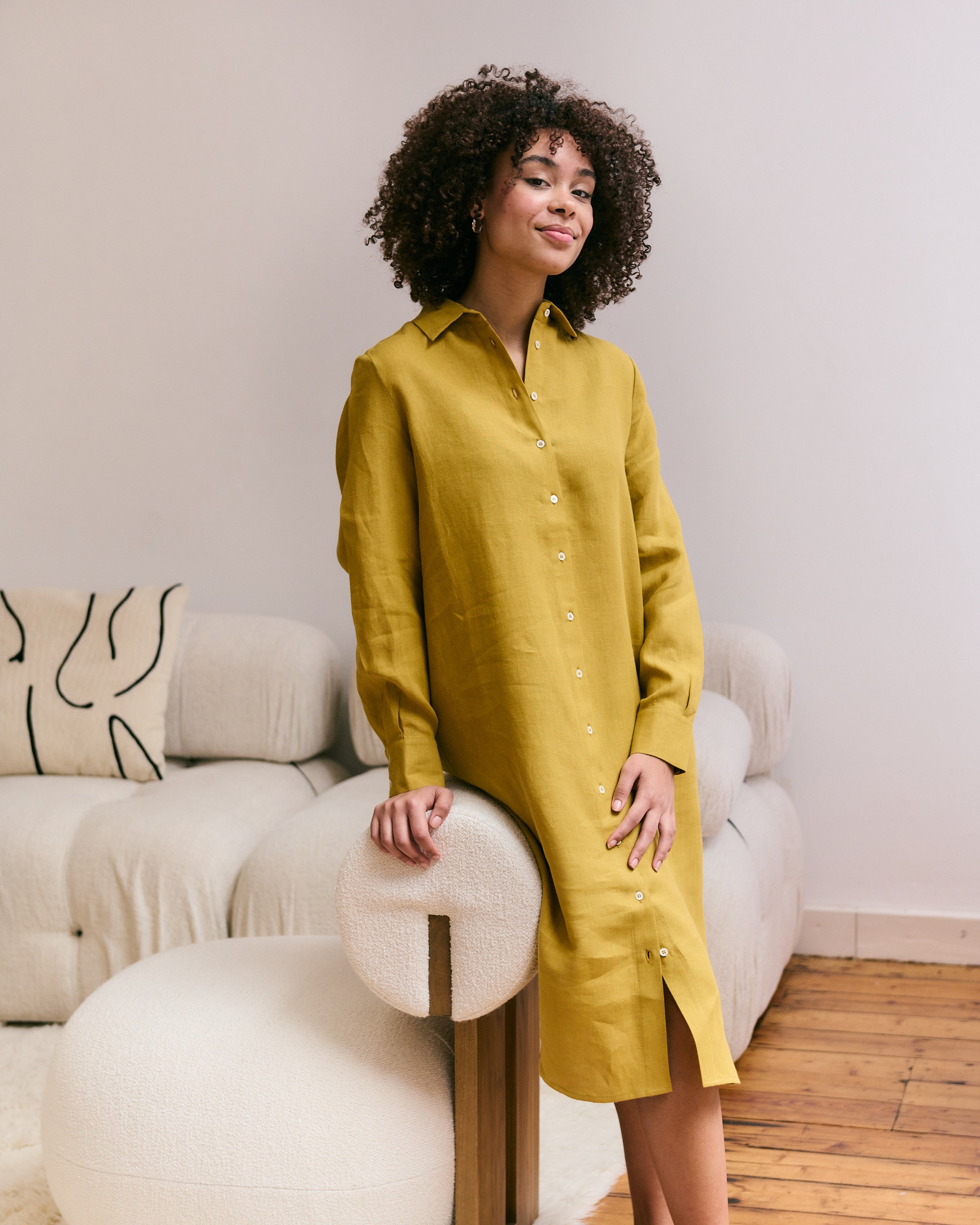 Comfortable and light mustard jellow Belgian linen shirtdress.