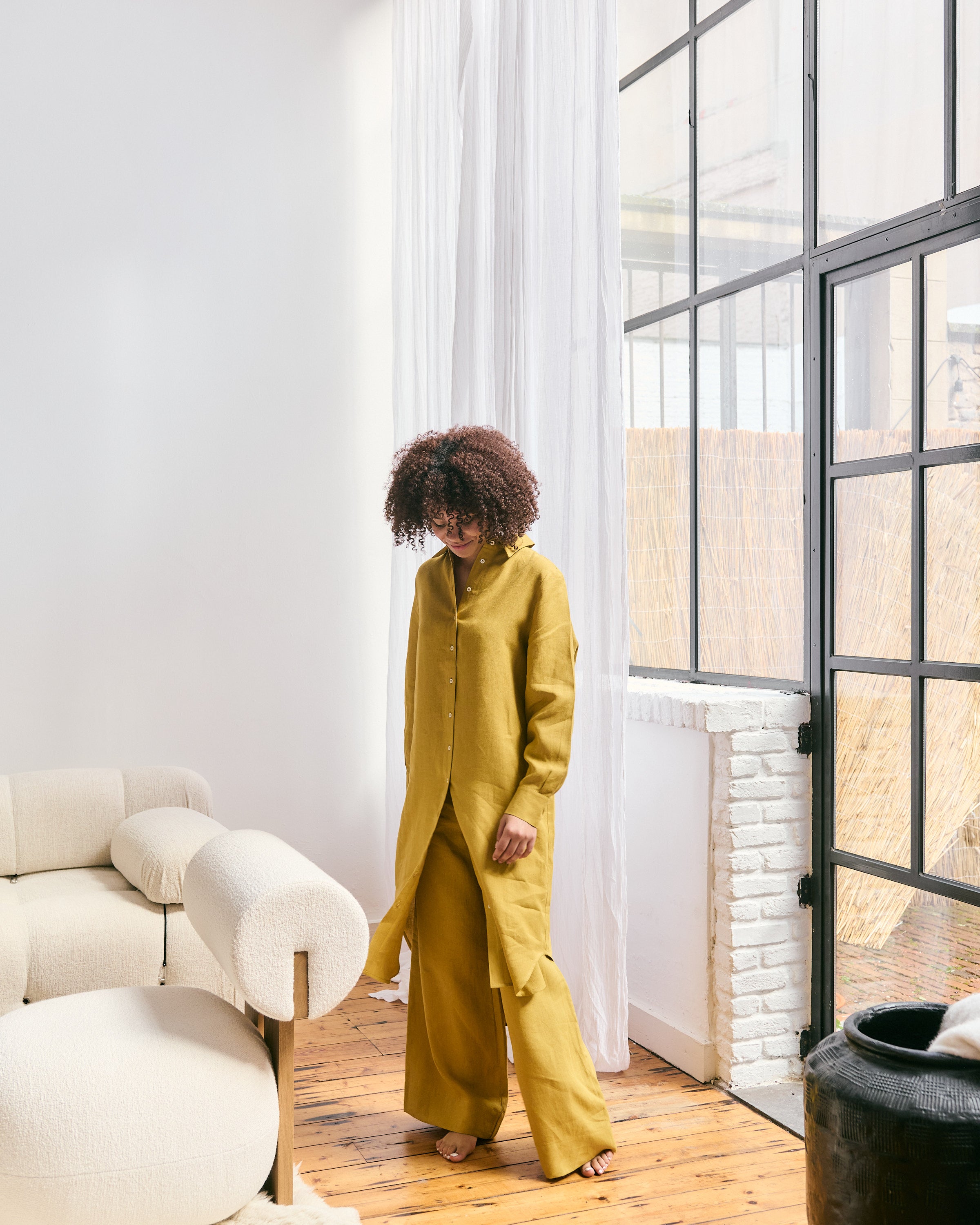 Comfortable and light mustard jellow Belgian linen shirtdress and pants.